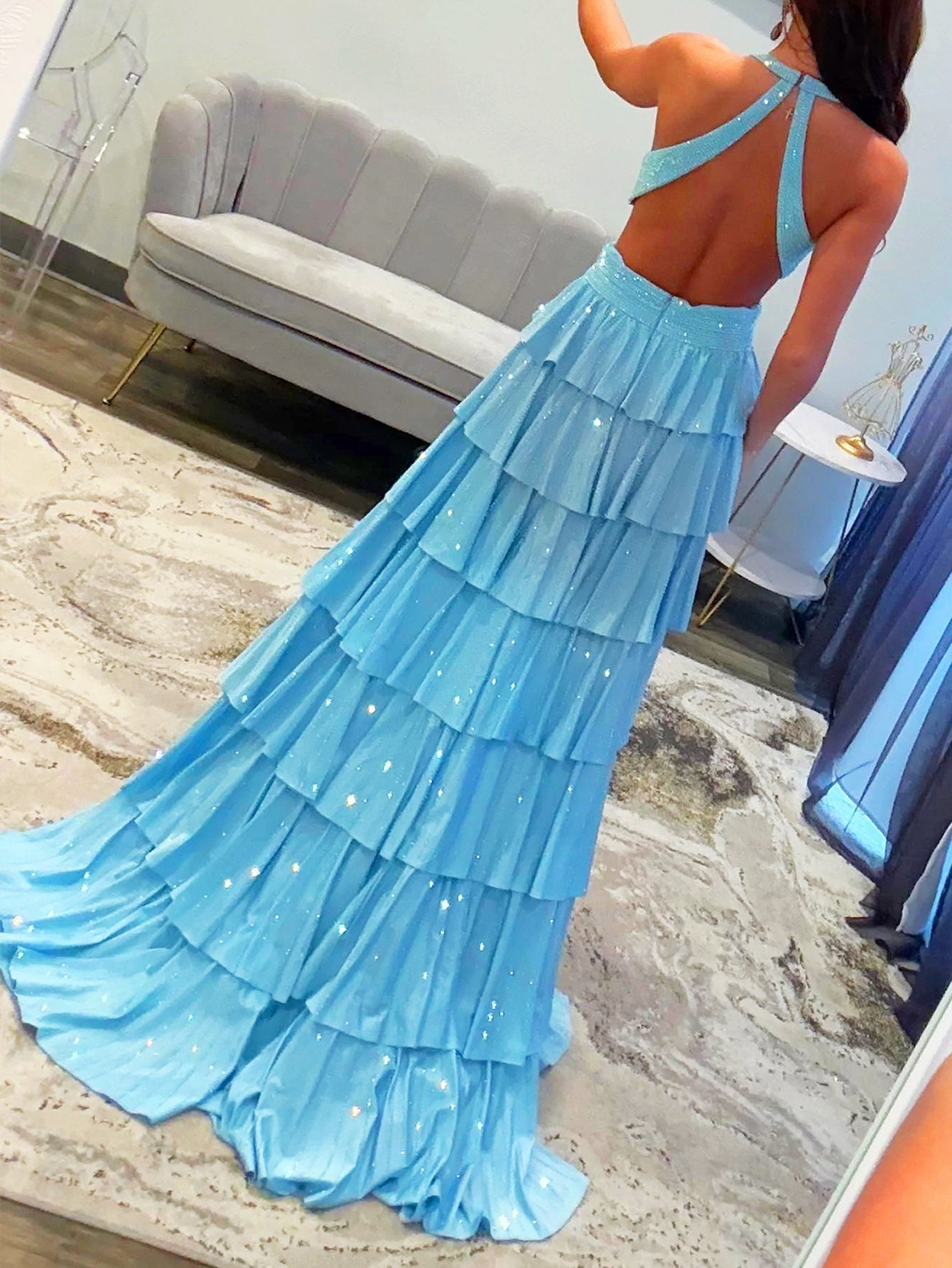 Cut Waist Halter Crystal Ruffle Ball Gown Prom Dress - Sky Blue