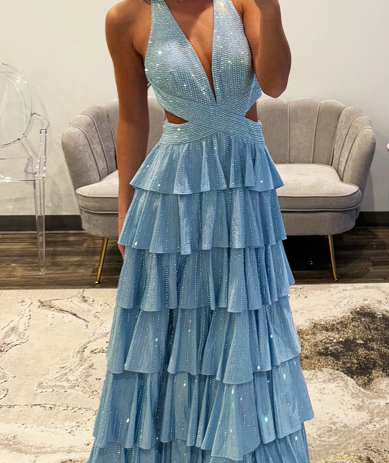 Cut Waist Halter Crystal Ruffle Ball Gown Prom Dress - Sky Blue
