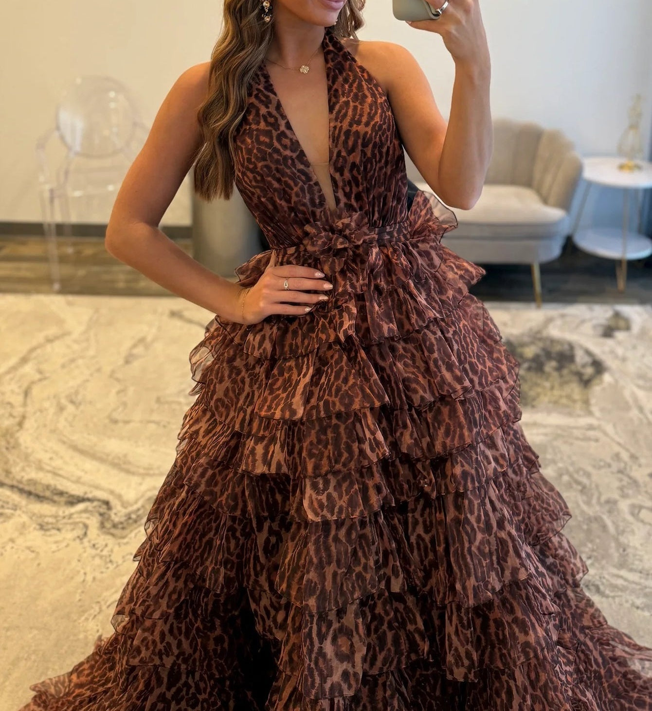 Halter Ruffle Tiered Printing Ball Gown Long Prom Dress  - Leopard Print