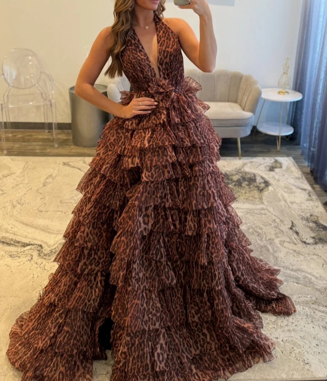 Halter Ruffle Tiered Printing Ball Gown Long Prom Dress  - Leopard Print