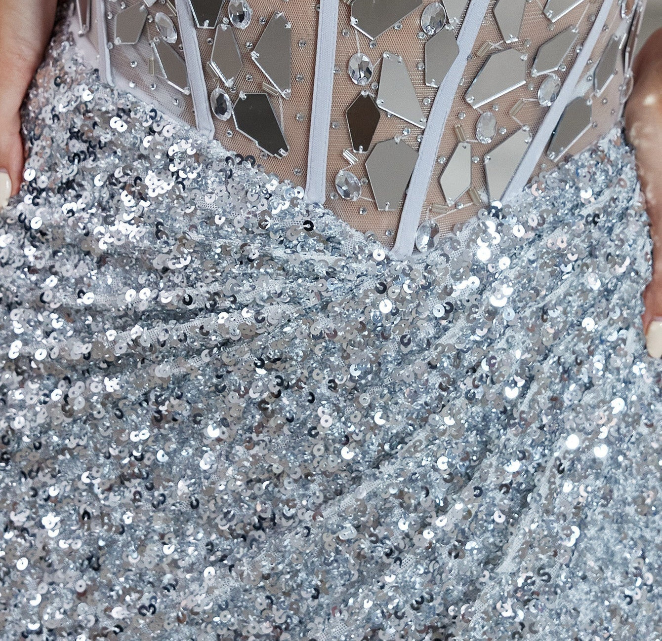 Luxury Crystal Sheer Bodice Evening Prom Dress With Cross Back - Silver