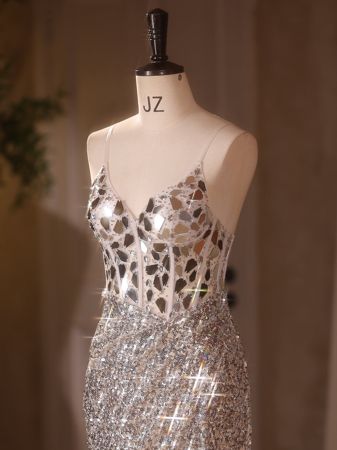 Luxury Crystal Sheer Bodice Evening Prom Dress With Cross Back - Silver