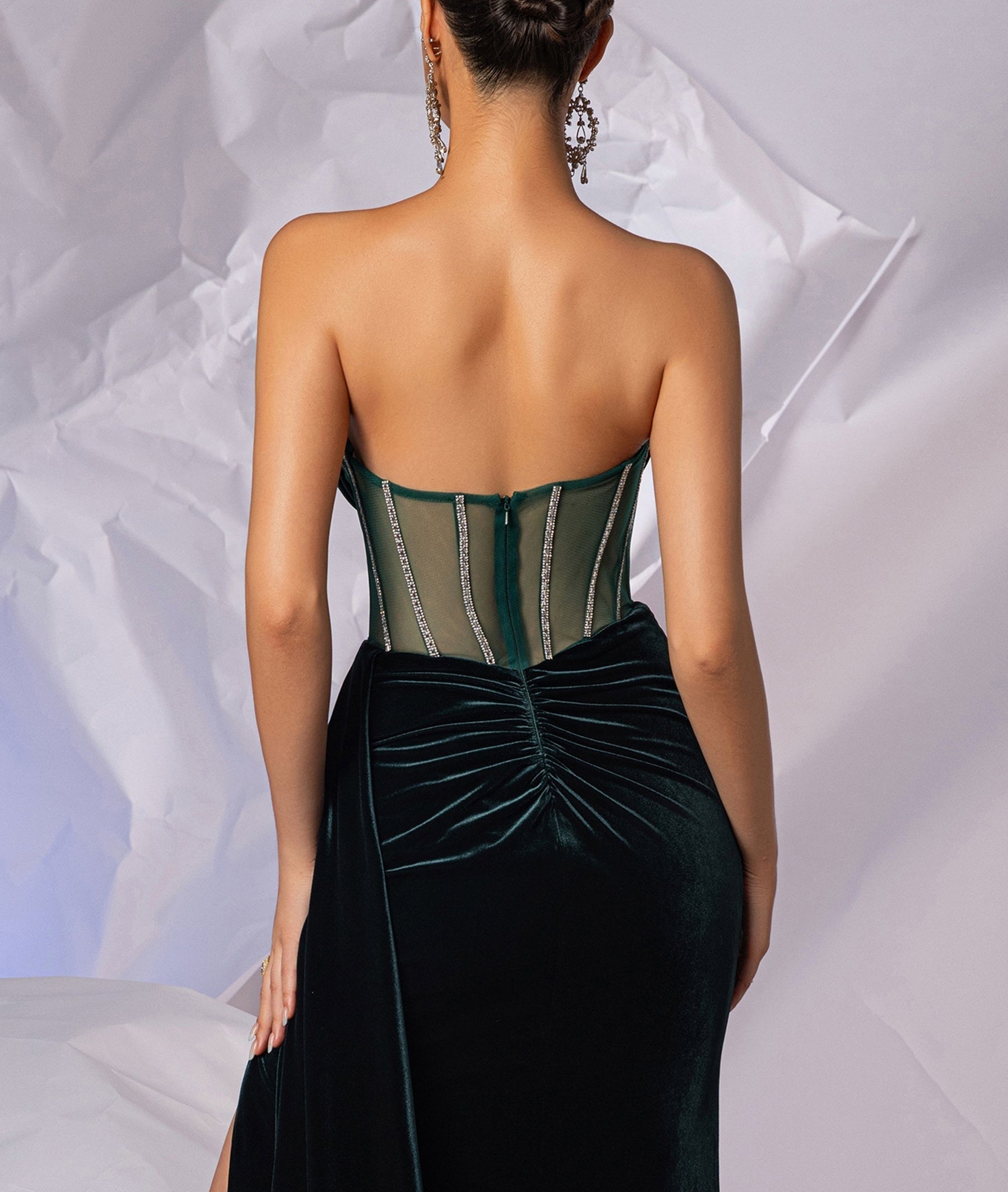 Sheer Bead Bodice Satin Strapless Mermaid Evening Dress With Split - Dark Green