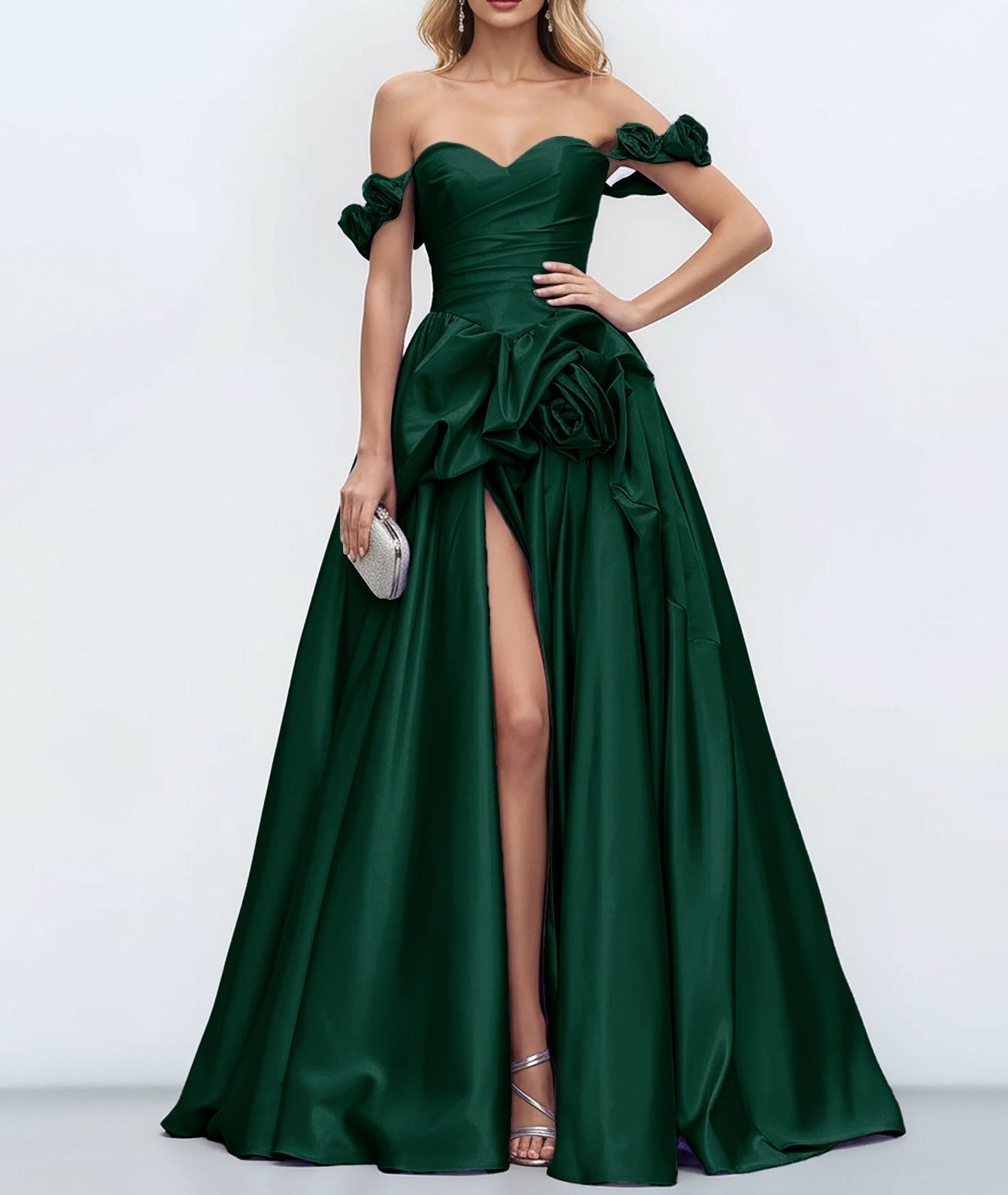 Off Shoulder 3D Rose Pick Up Satin Ball Gown Evening Dress - Emerald Green
