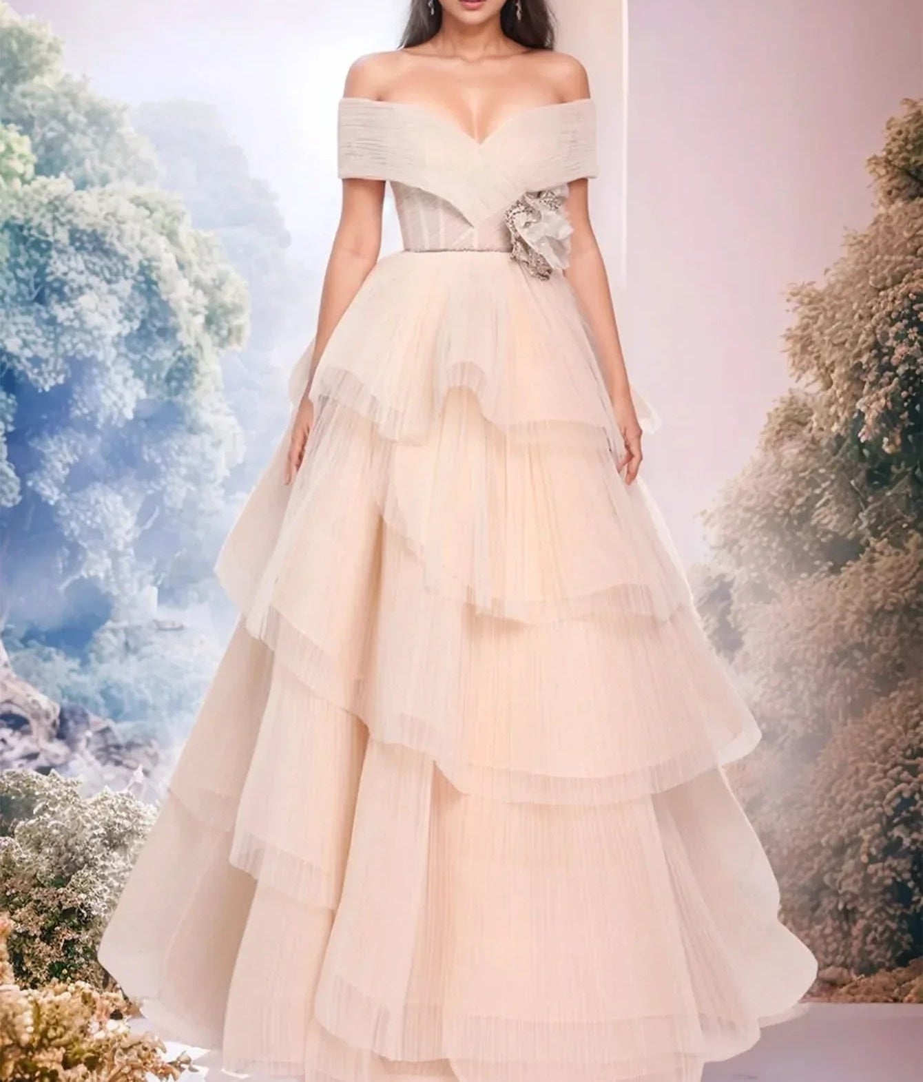 Off Shoulder Ball Gown Floral Evening Dress With Ruffle Hem - Champagne