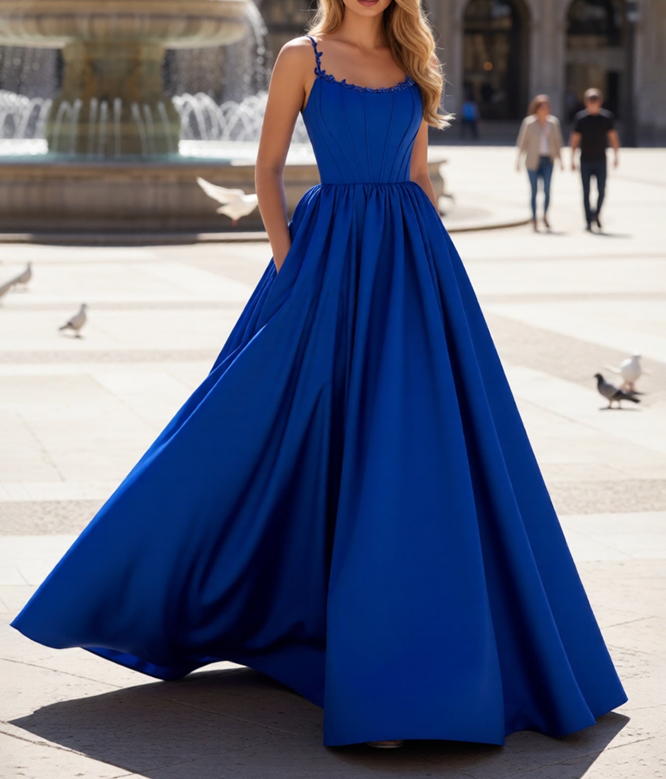 Spaghetti Straps Bodice Ball Gown Evening Dress - Royal Blue