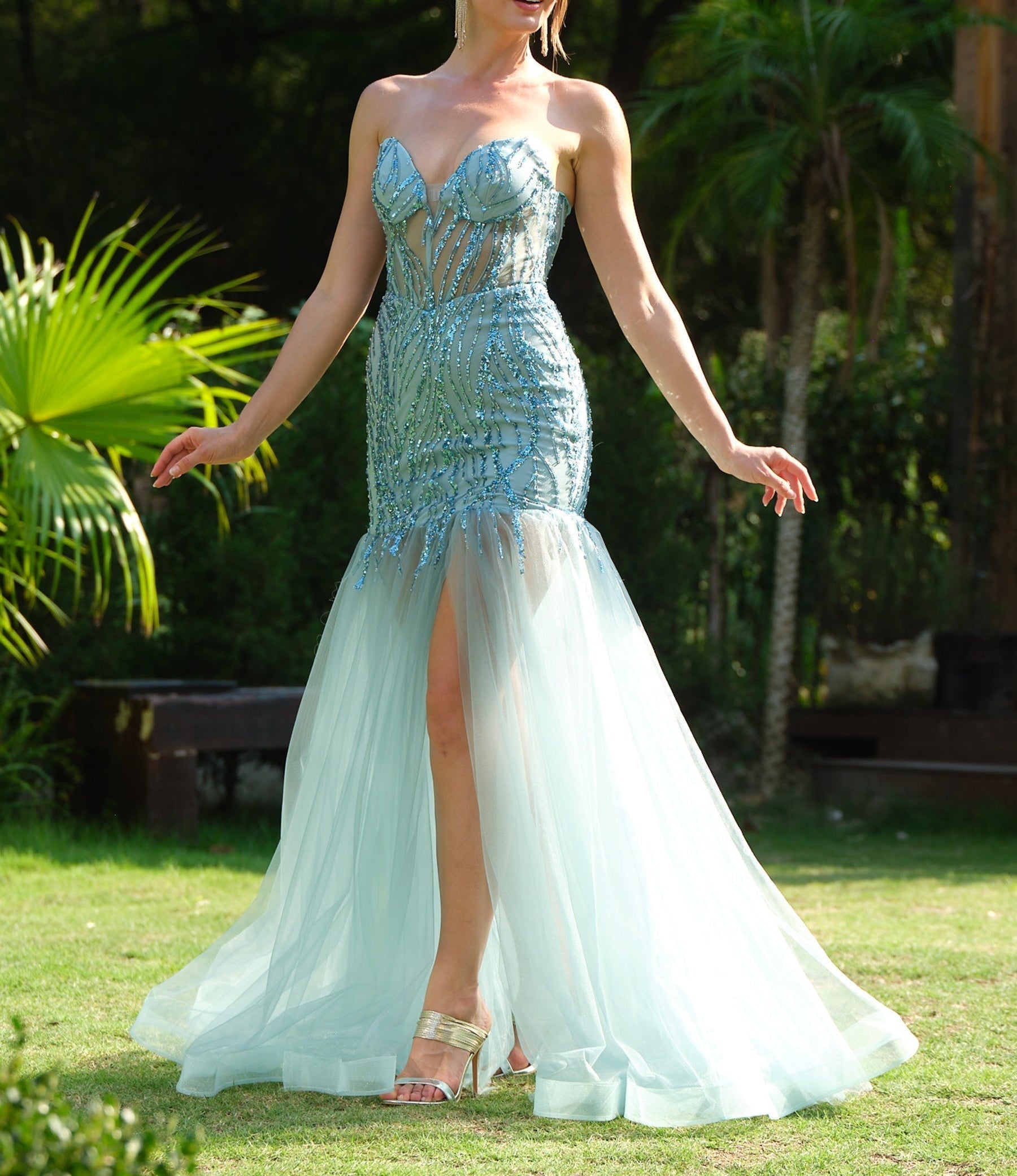 Sparkly Sequin Evening Dress with Lace Up Back - Blue