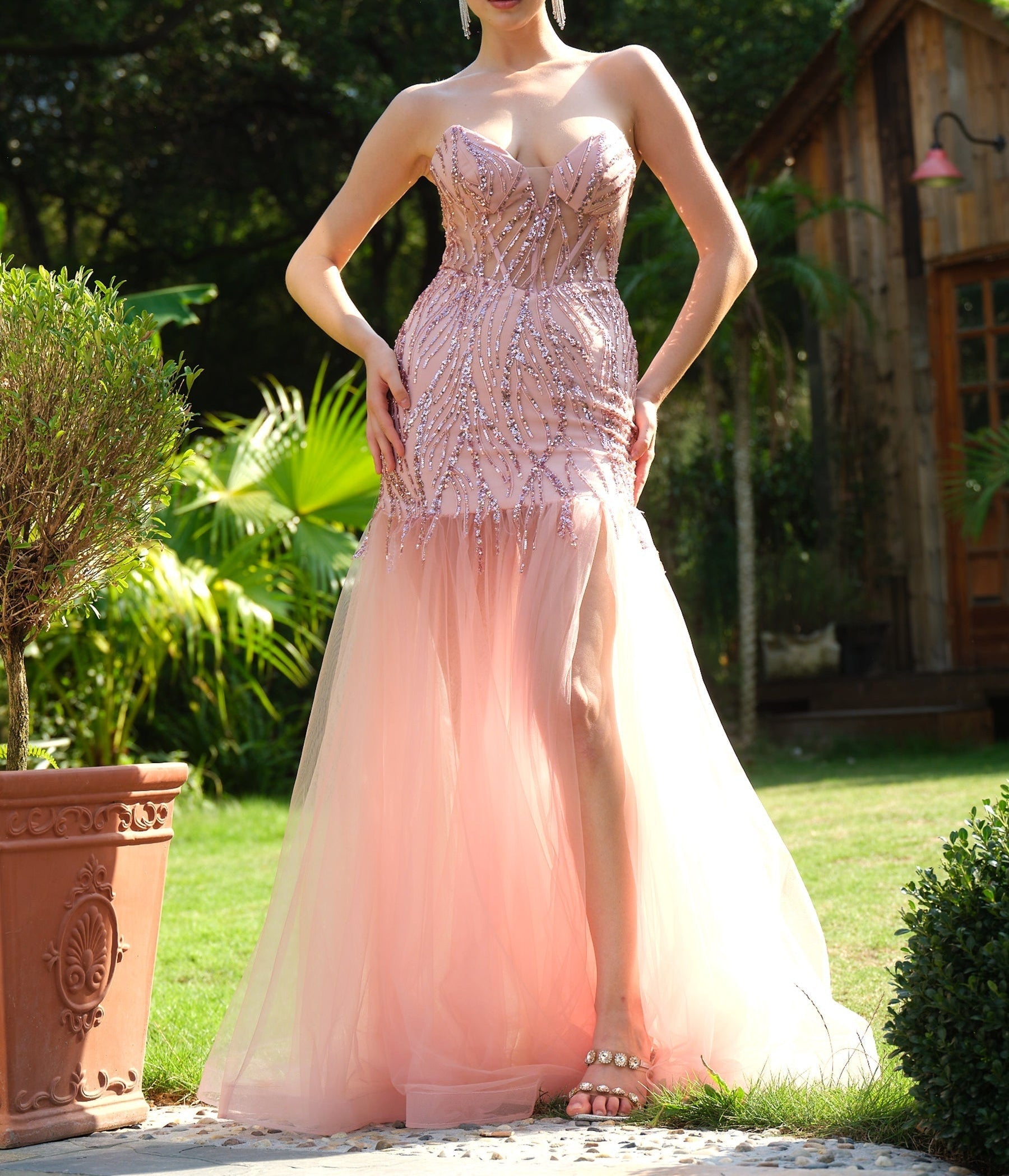 Sparkly Sequin Evening Dress with Lace Up Back - Pink