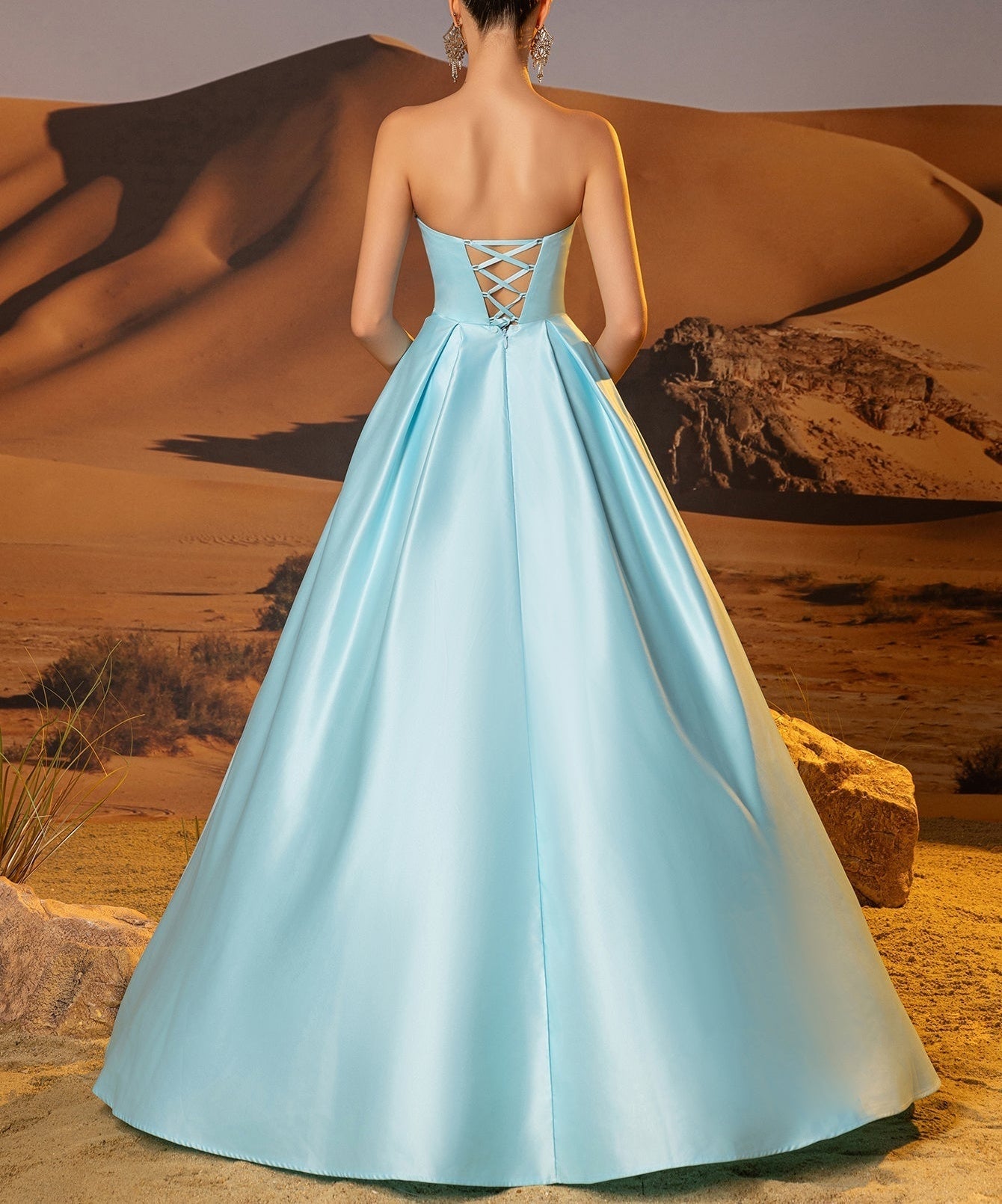 Asymmetrical Removable Bow Drop Ball Gown Prom Dress With Pocket - Light Blue