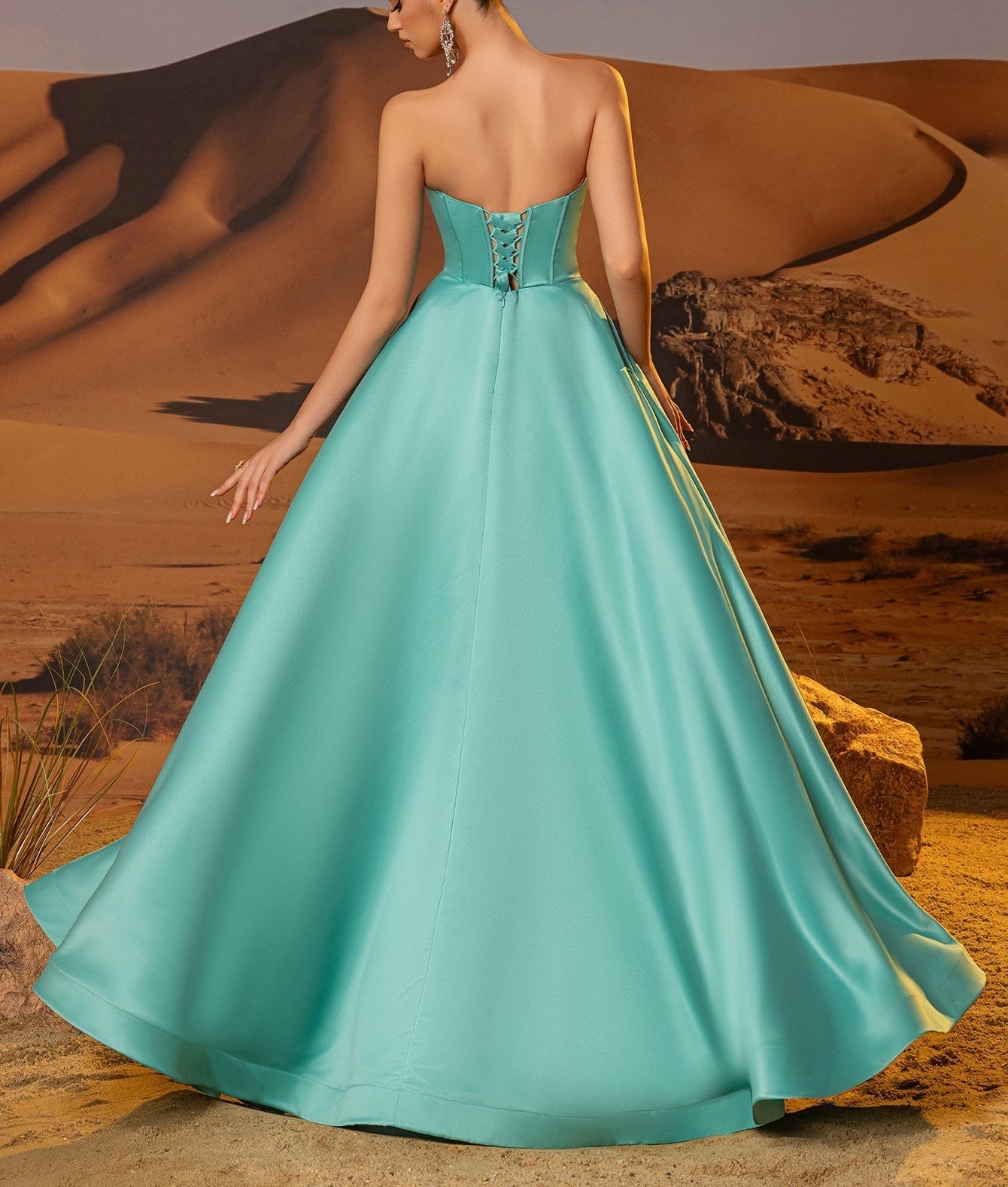 Boned Sparkly Lace A-Line Prom Dress With Pocket - Cyan