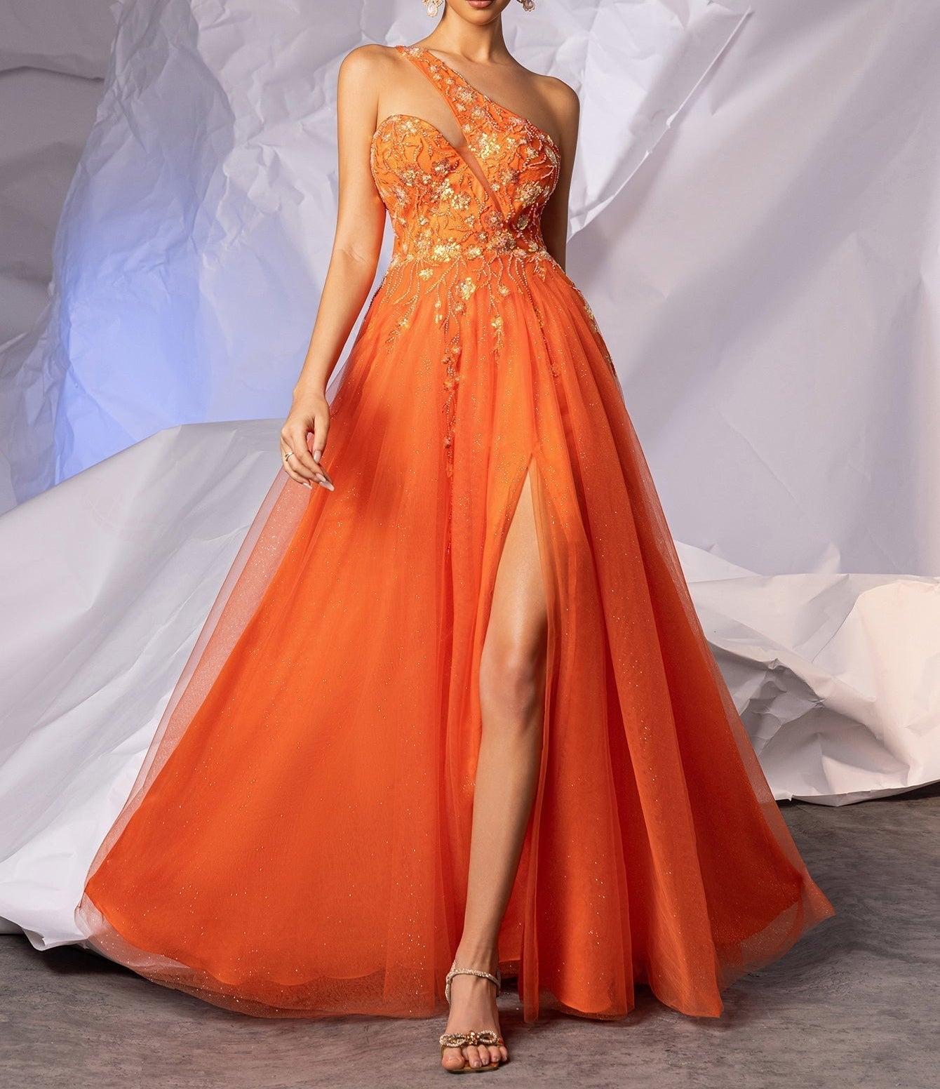 Asymmetrical Sparkly Lace Prom Dress Long - Orange