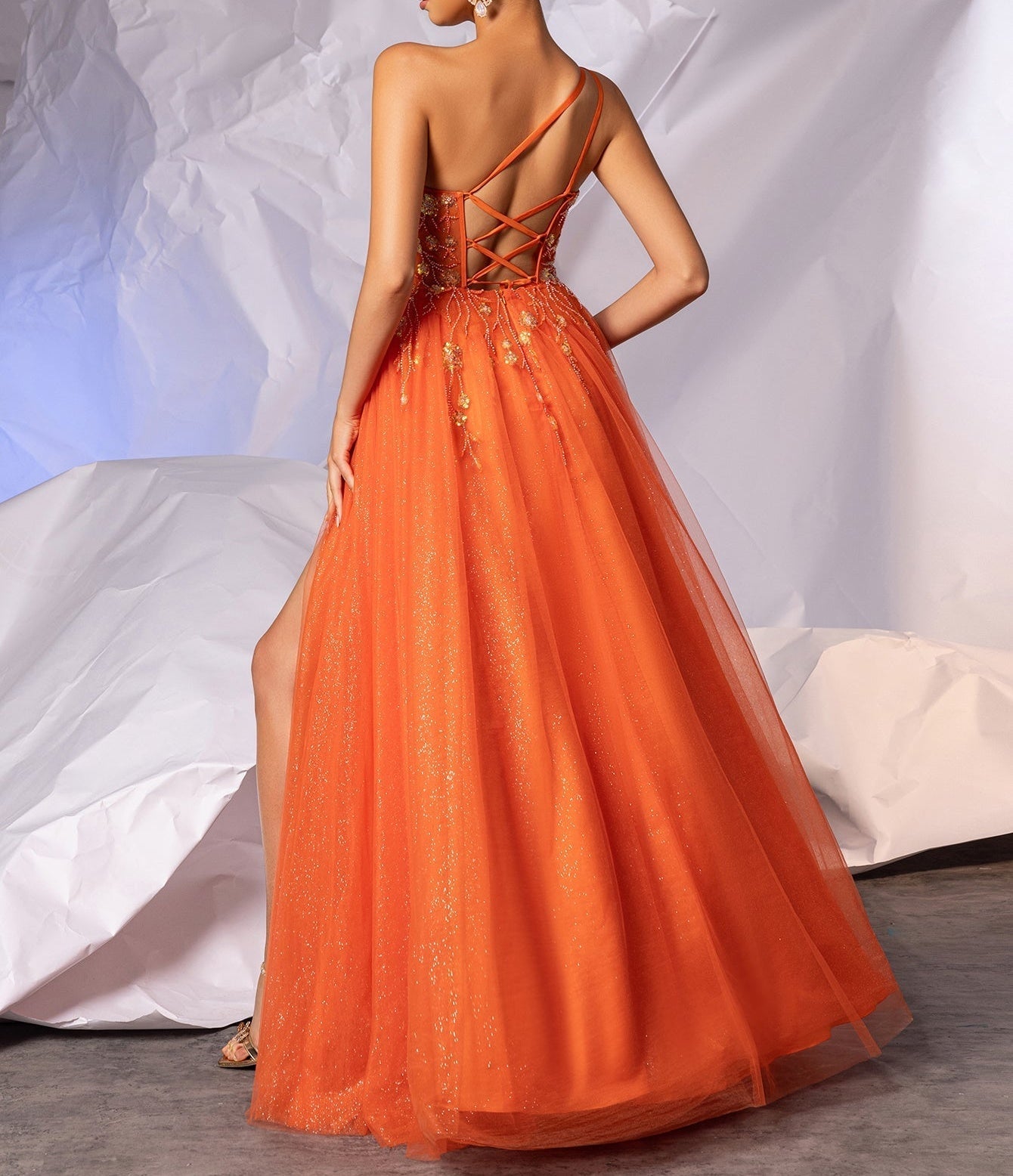 Asymmetrical Sparkly Lace Prom Dress Long - Orange