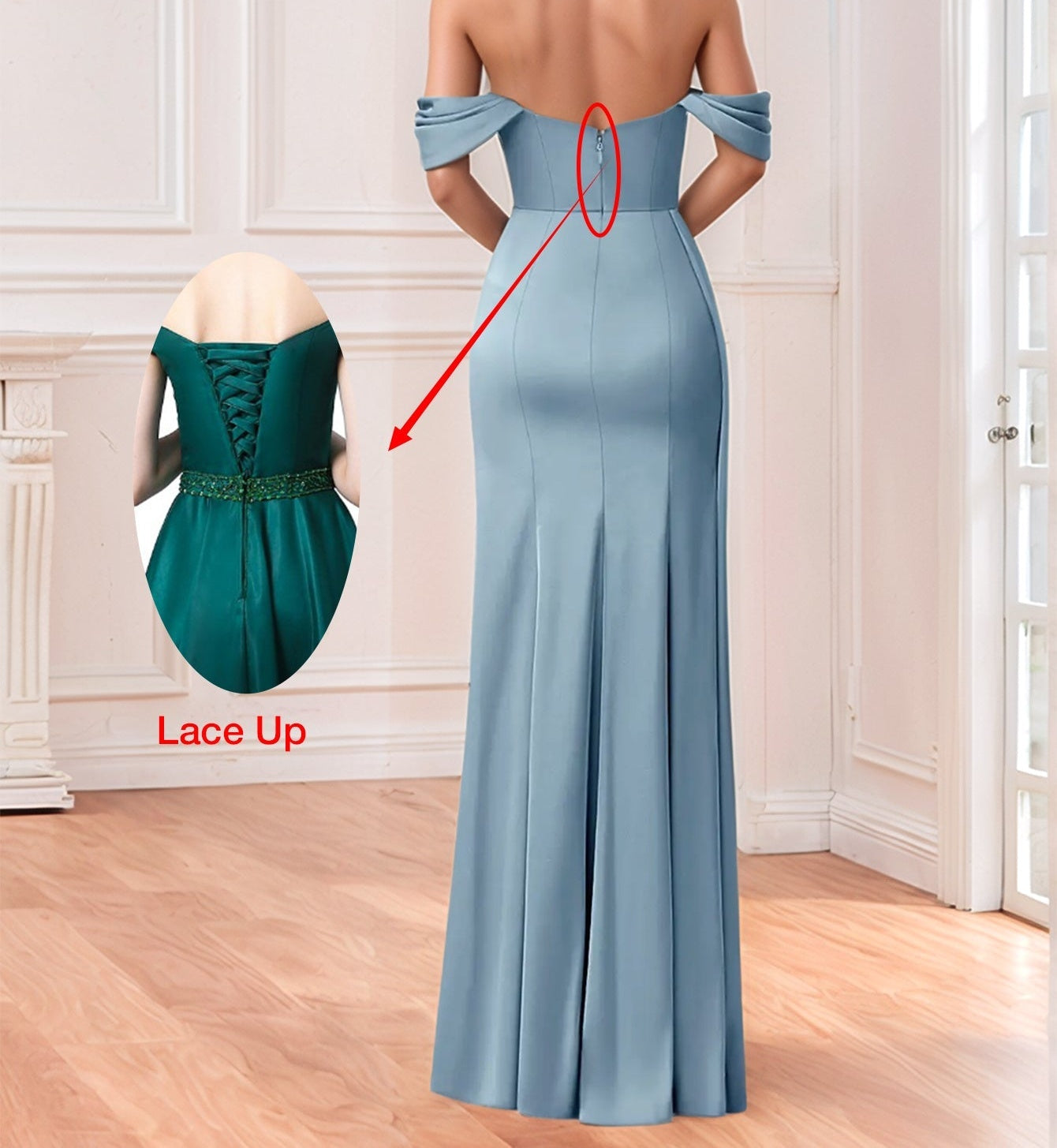 Off Shoulder Boned Bridesmaid Dress With Waist Drop - Baby Blue