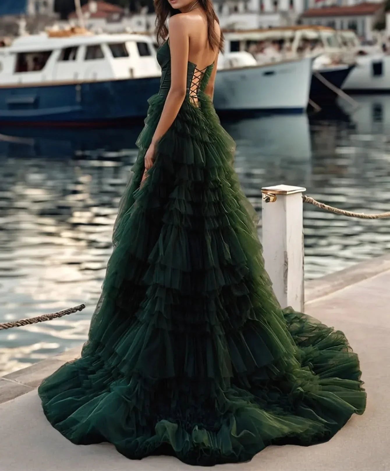 Bodice Spaghetti Strap Tulle Ruffle Prom Dress With Slit - Dark Green
