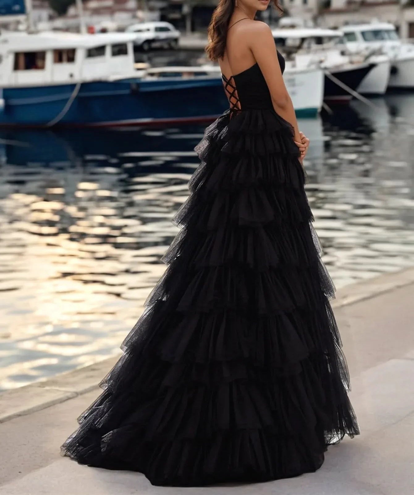 V-Neck Spaghetti Strap Tulle Layered Ball Gown Prom Dress With Slit - Black
