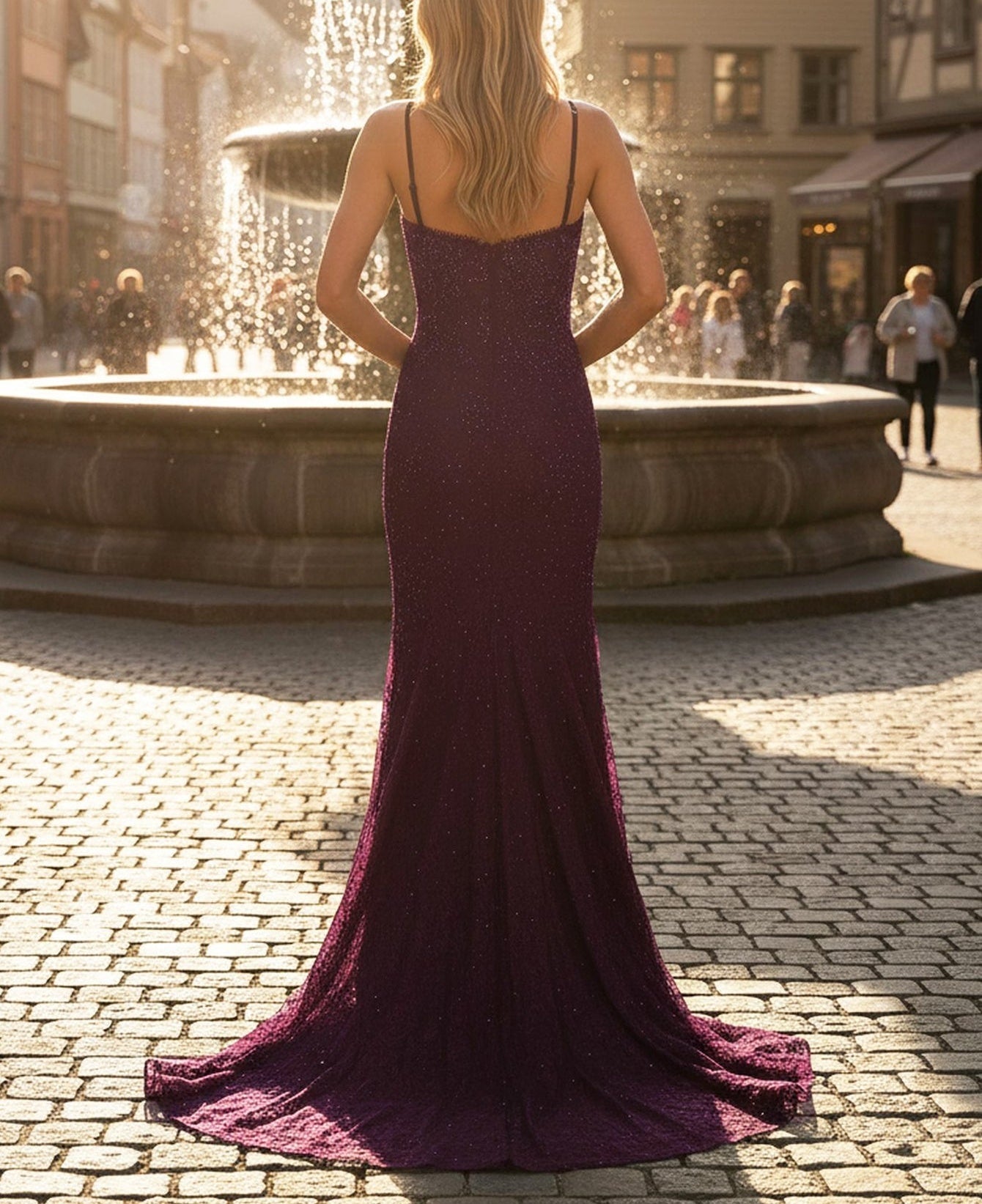 Luxury Sparkly Lace Sheer Bodice Spaghetti Strap Mermaid Prom Dress With Split - Purple