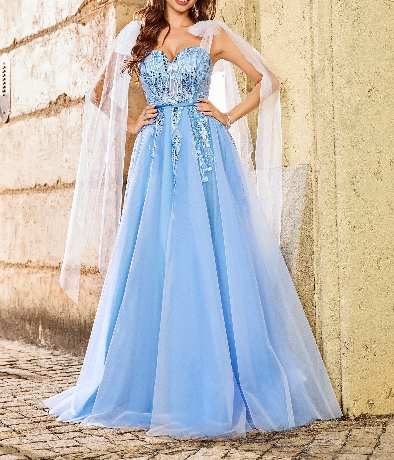 Lace Bow 3D Embroidery Floral Prom Gown - Sky Blue
