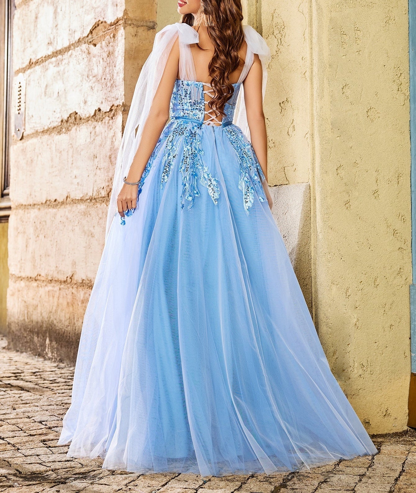 Lace Bow 3D Embroidery Floral Prom Gown - Sky Blue
