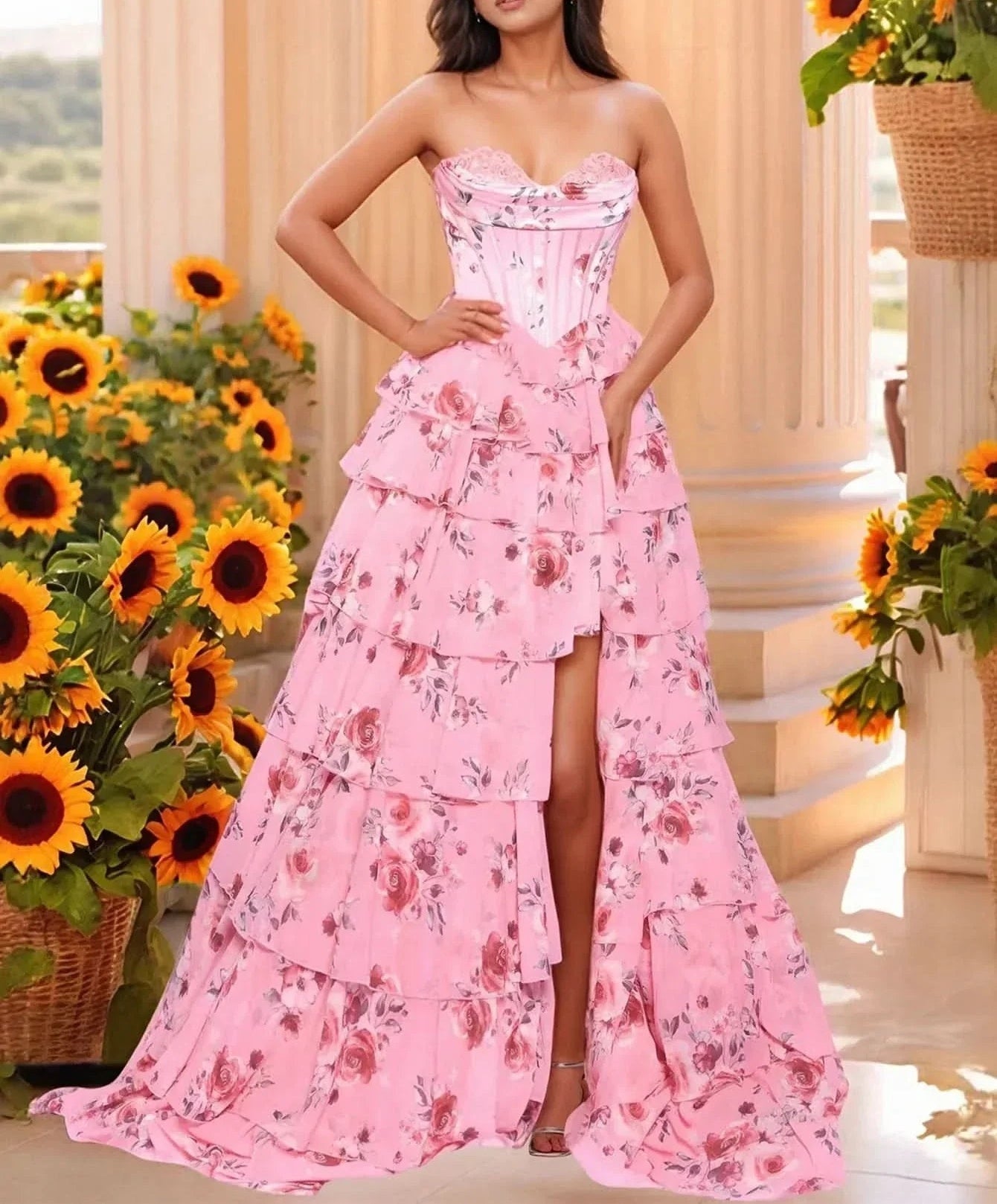 Printing Bodice Strapless Ball Gown Tiered Long Prom Dress - Pink