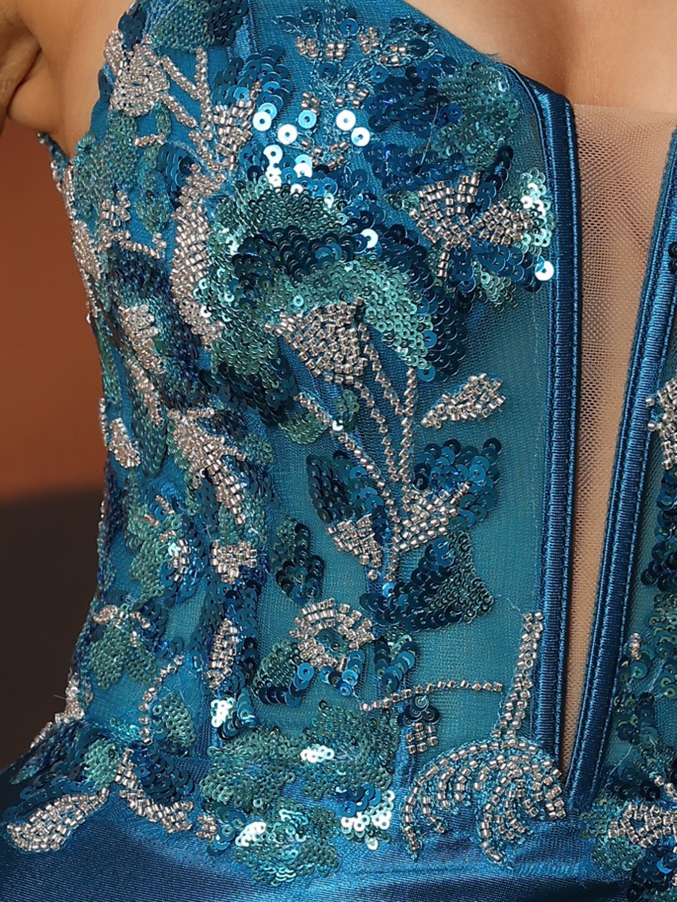 Sparkly Deep V-Neck Prom Dress Long With Split - Peacock Blue
