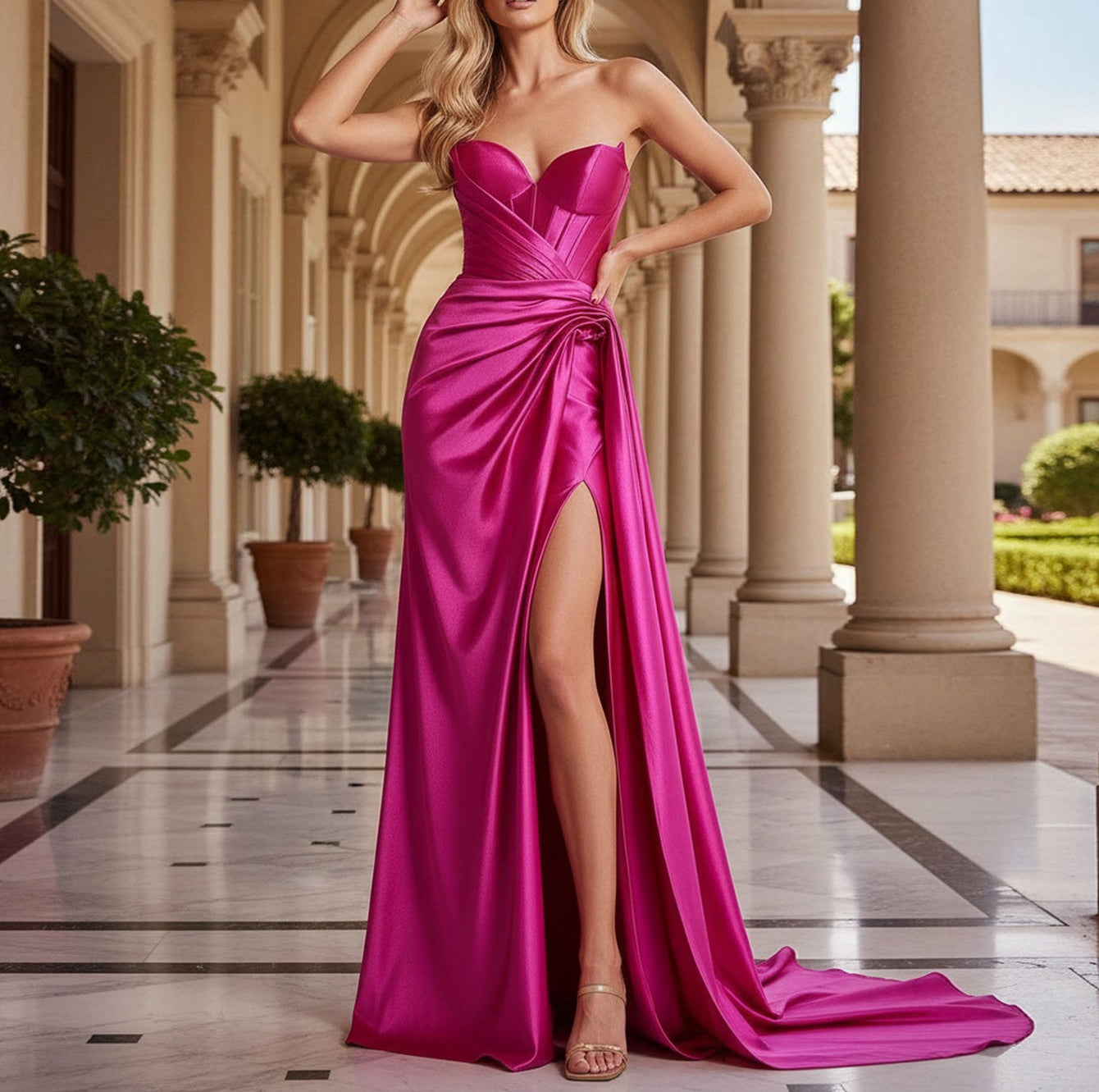 Drop Waist Strapless Split Long Prom Gown With Twist - Hot Pink