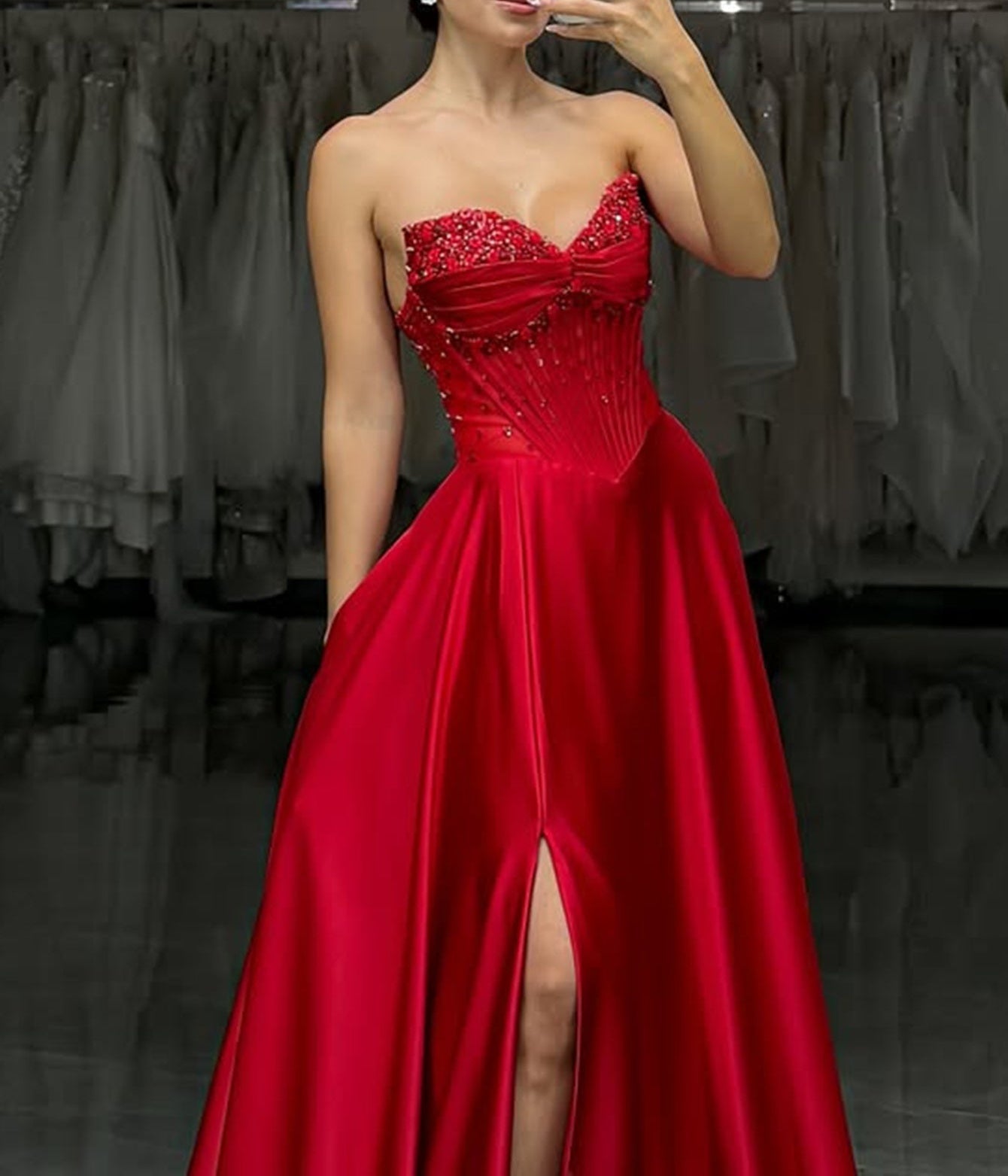 Off Shoulder Crystal Split Long Prom Dress With Pocket - Red