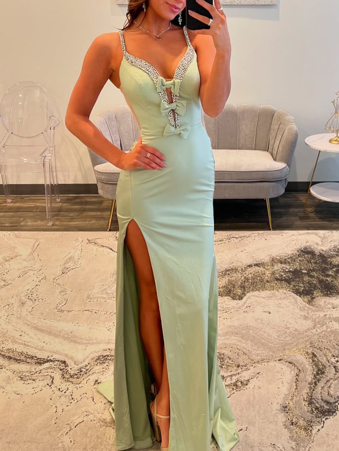 Crystal Deep V-Neck Sheath Prom Dress With Bust Bows - Olive Green