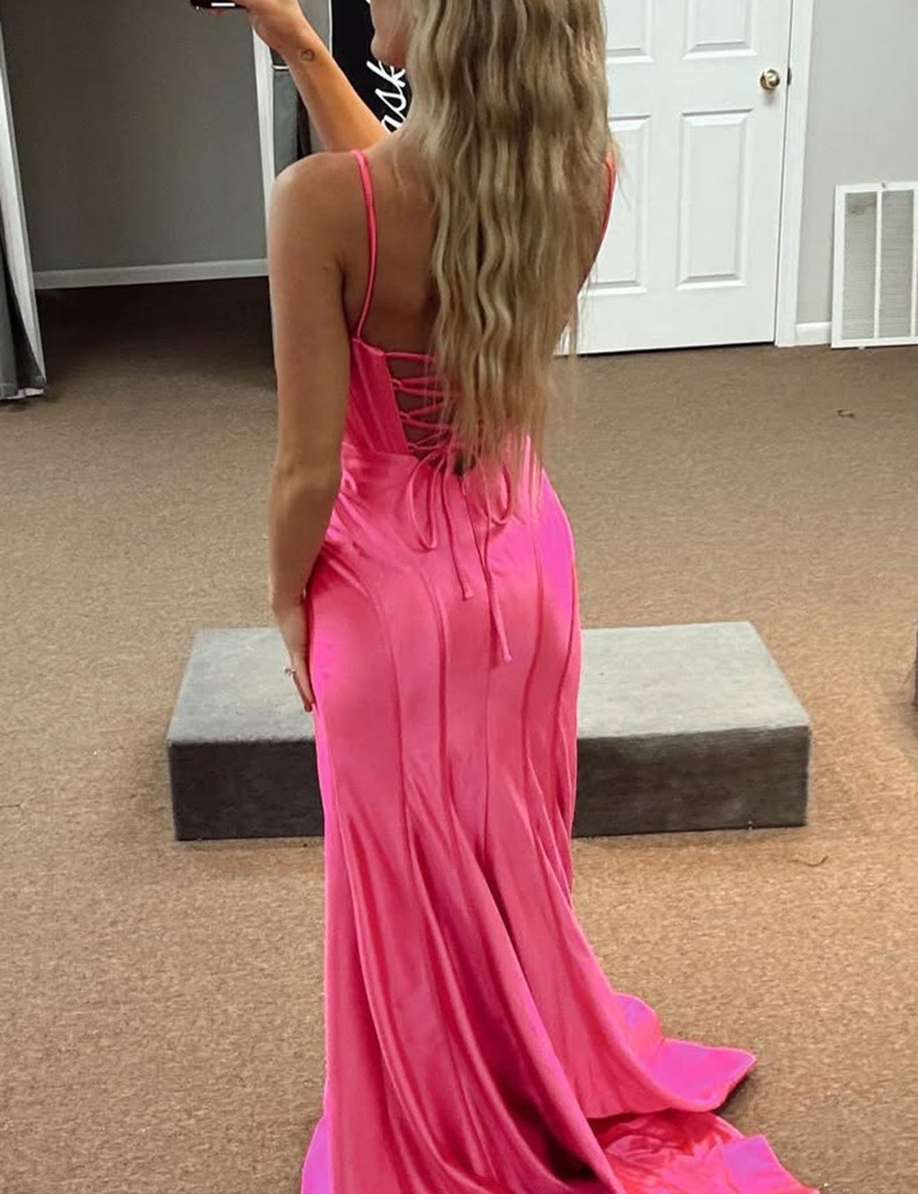 Scoop Boned Mermaid Prom Dress With Split - Hot Pink