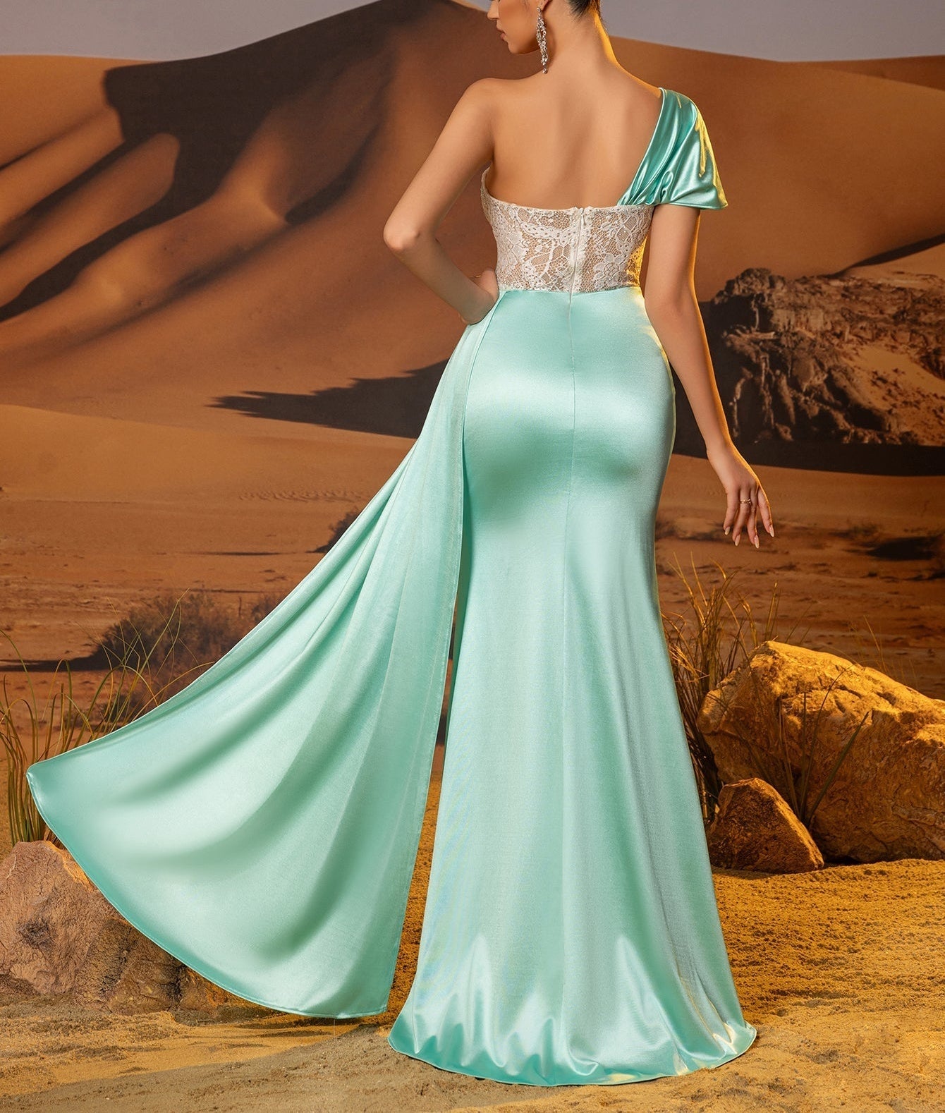 Hot Fix One Shoulder Lace Waist Drop Prom Dress - Mint Green
