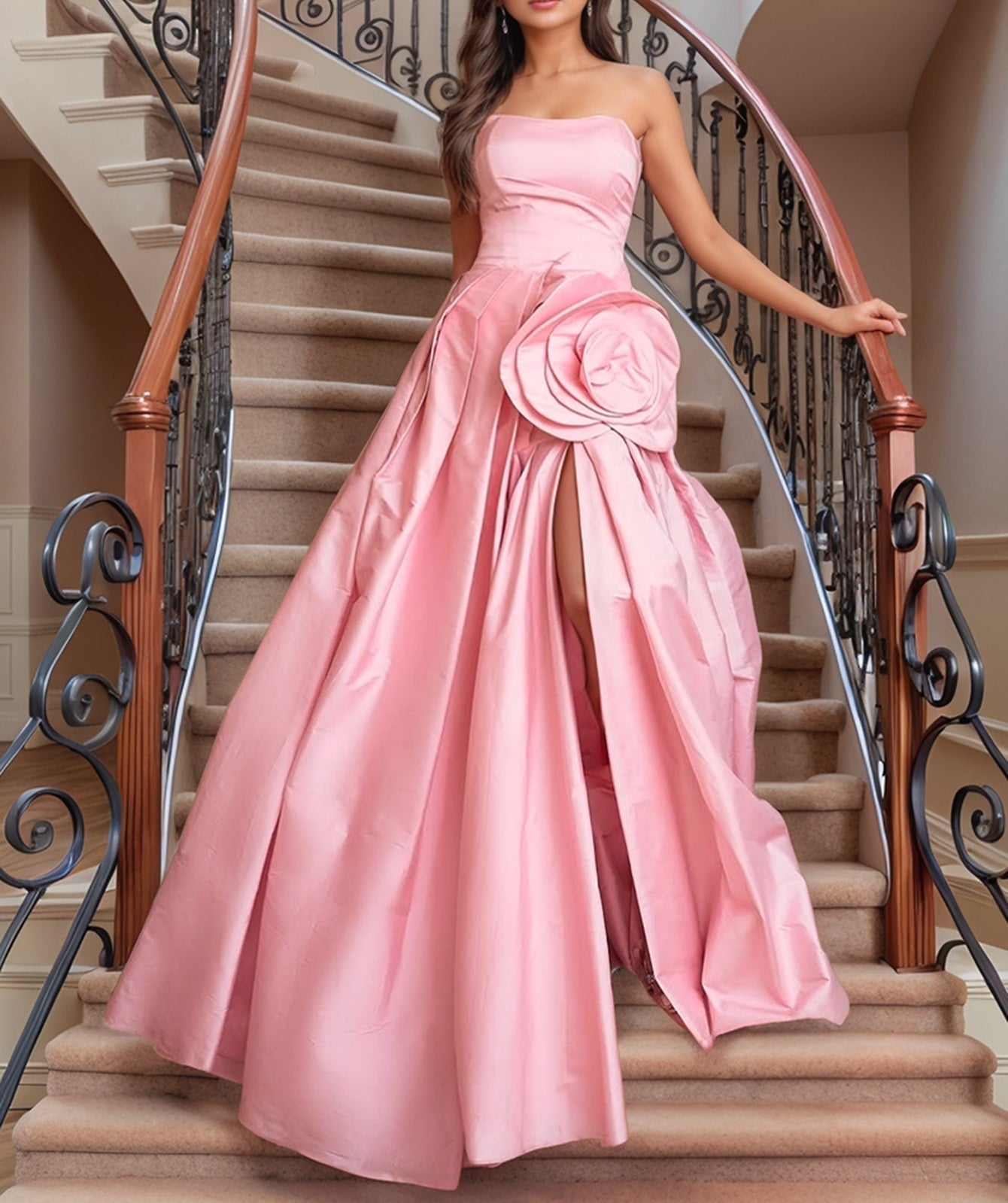 Hand Made Flower Pleated Ball Gown Prom Dress - Blush Pink