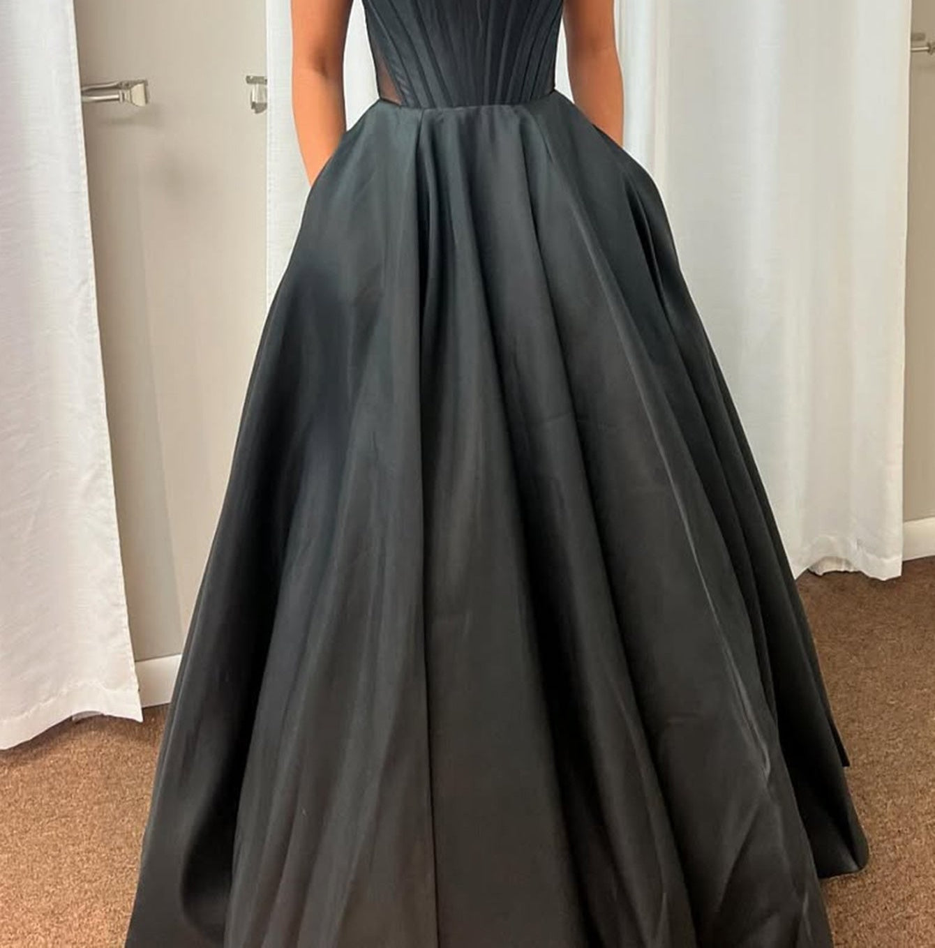 Beaded Off Shoulder Ball Gown Prom Dress With Pocket - Black