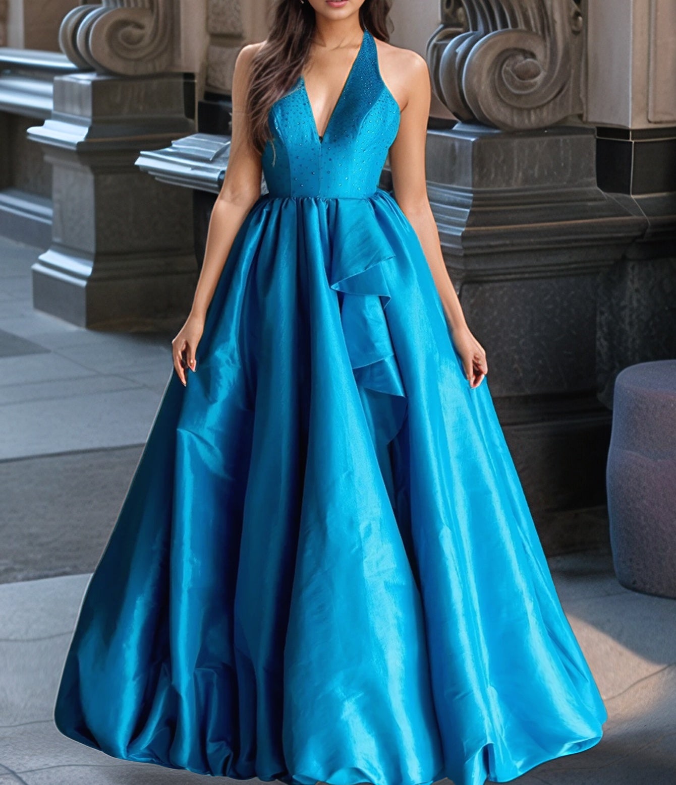 Halter Puffy Ruffle Ball Gown Prom Dress - Blue
