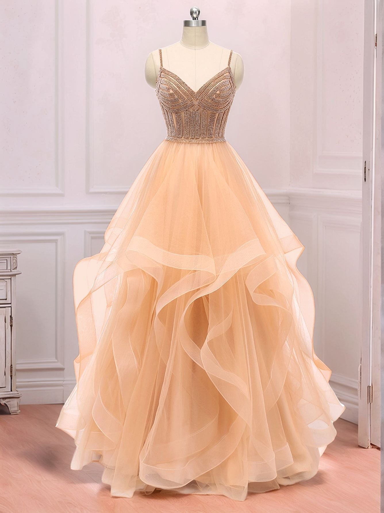 Crystal V Neck Ball Gown Prom Dress - Champagne