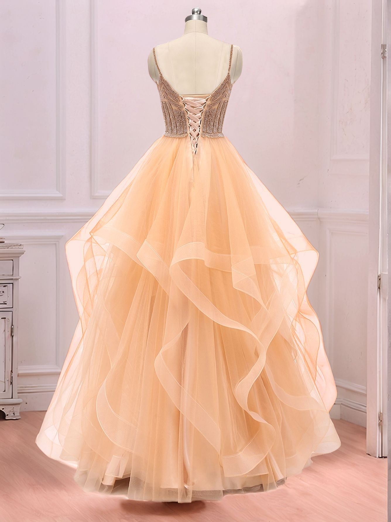 Crystal V Neck Ball Gown Prom Dress - Champagne