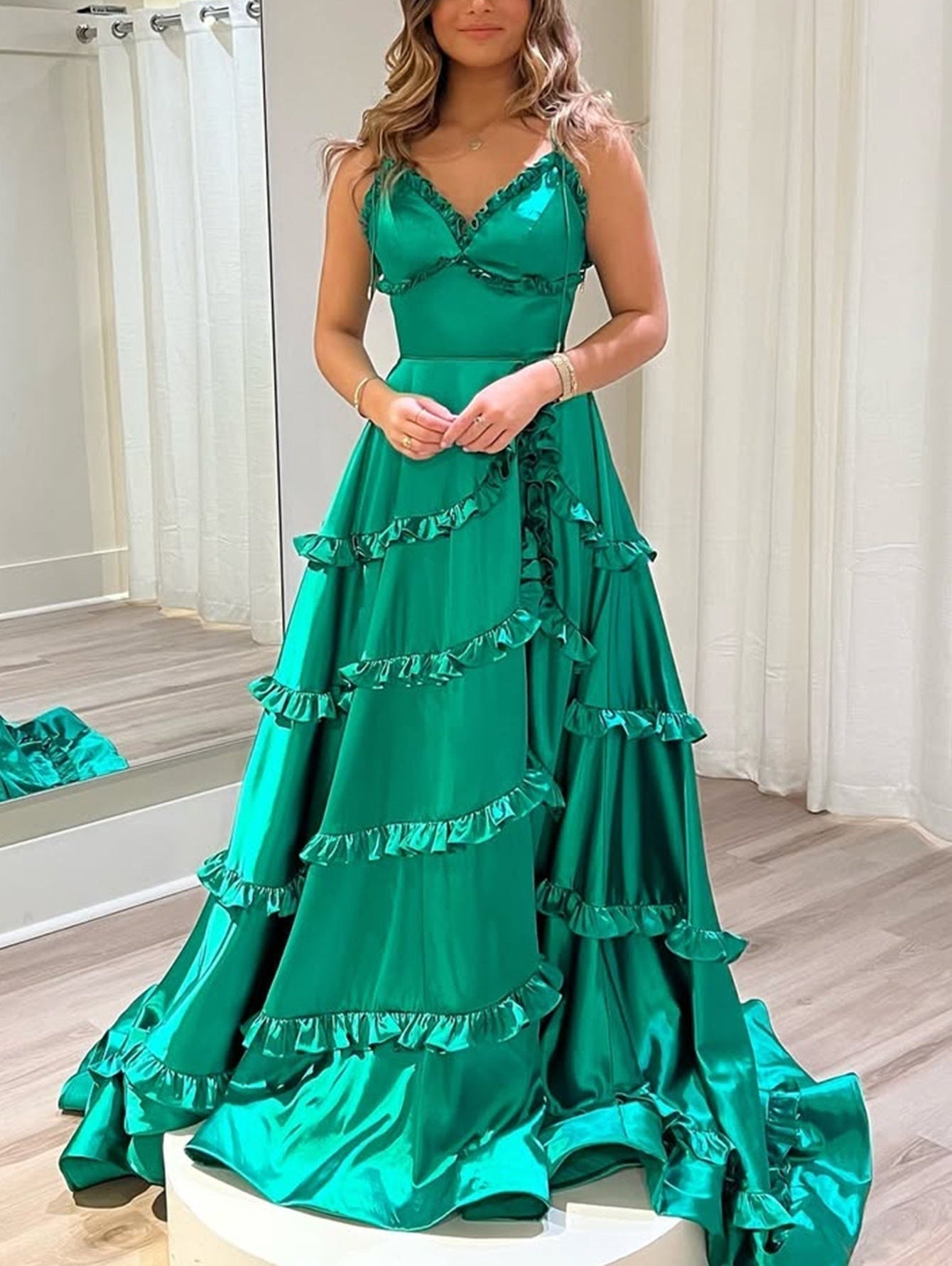 V Neck Ruffle Ball Gown Prom Dress Long With Slit - Emerald Green