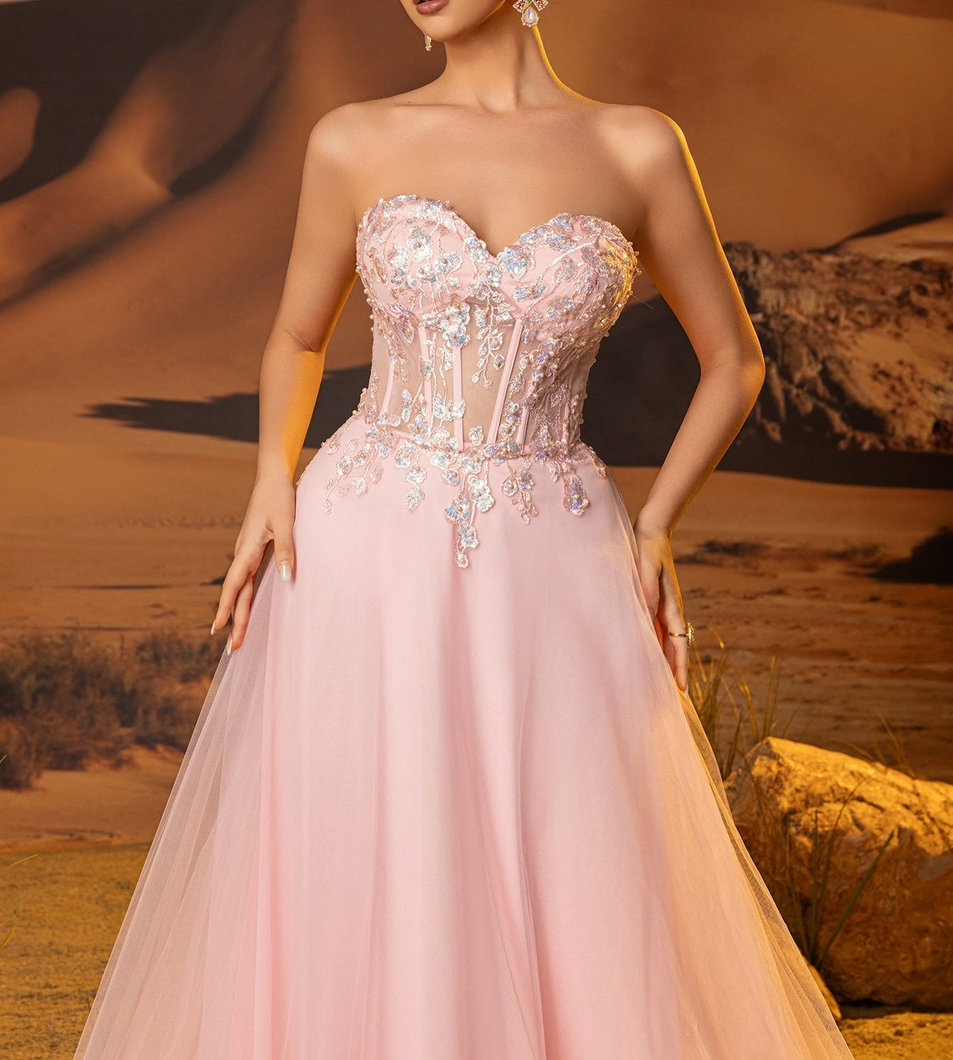 Sheer Bodice Lace Embroidery Long Prom Dress - Pink