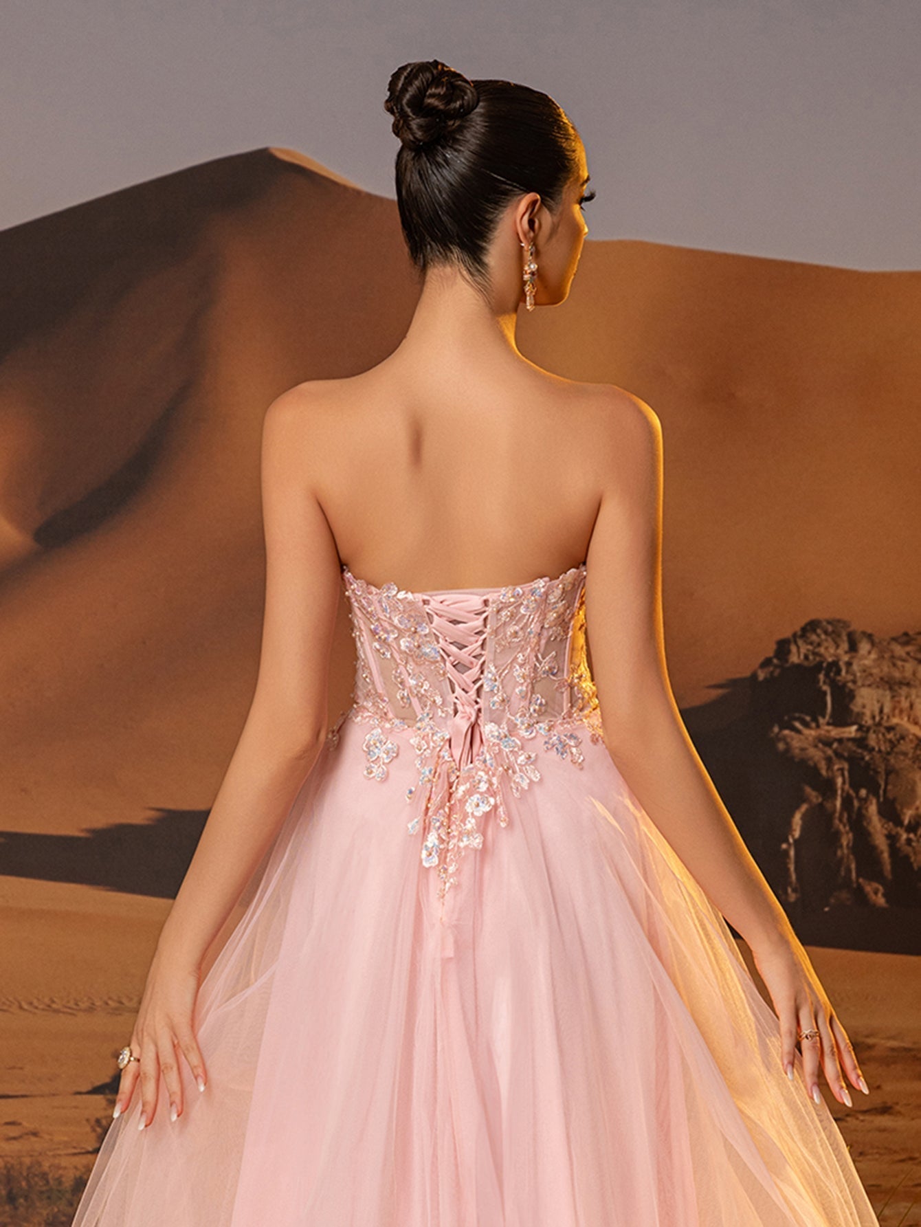 Sheer Bodice Lace Embroidery Long Prom Dress - Pink