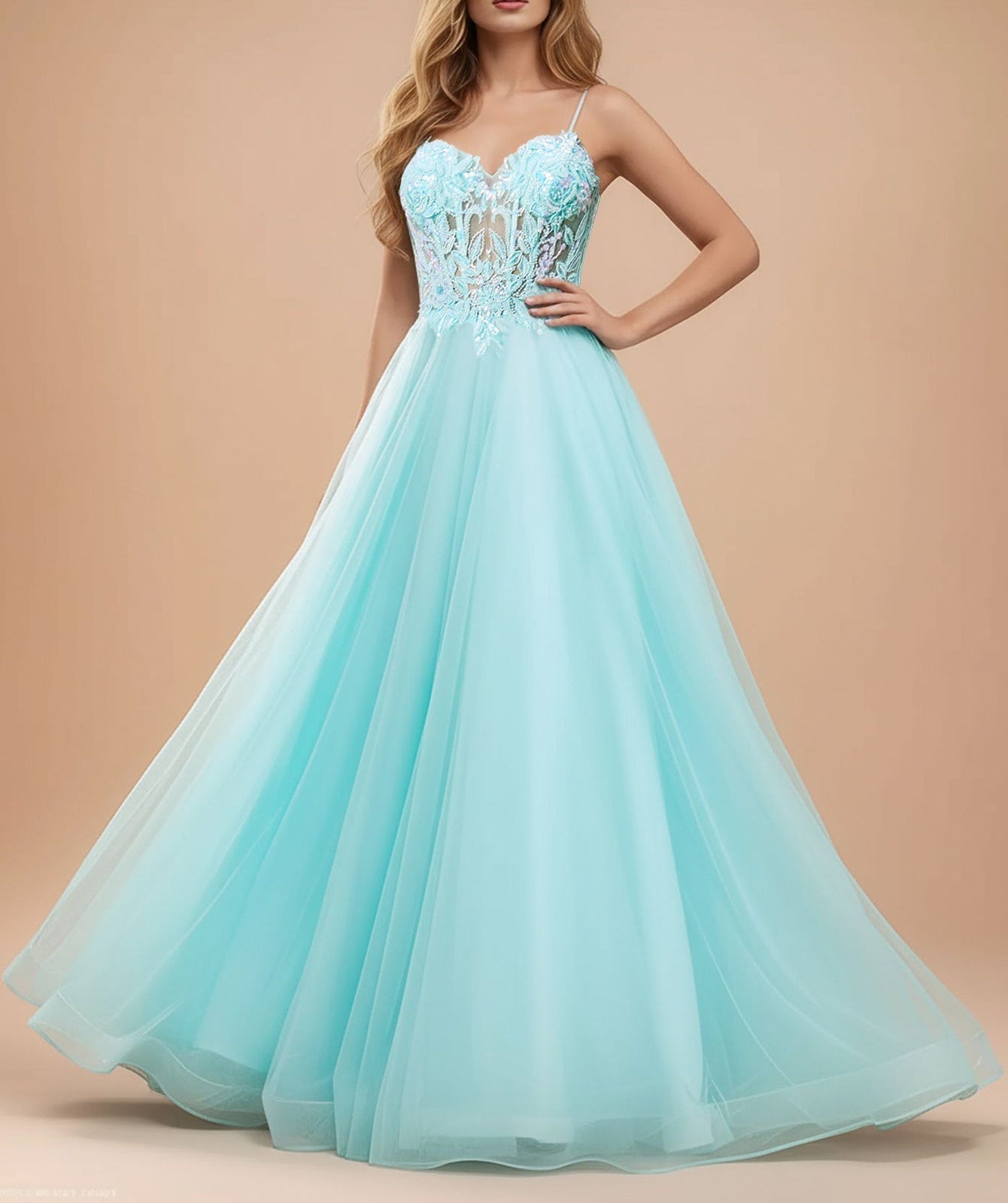Luxury Beaded Sheer Bodice Ball Gown Prom Dress - Baby Blue