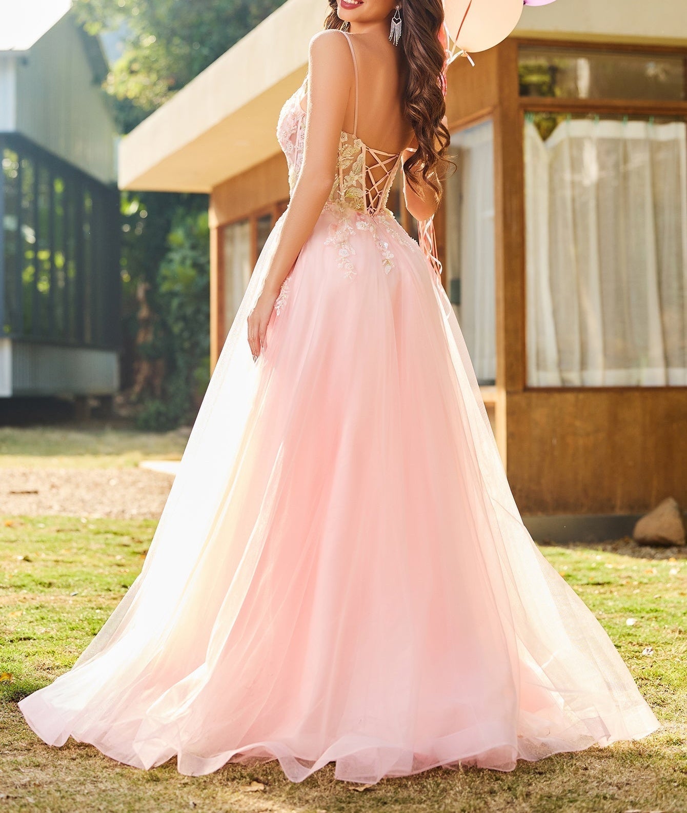 Beaded Lace Embroidery Boned Ball Gown Prom Dress - Pink