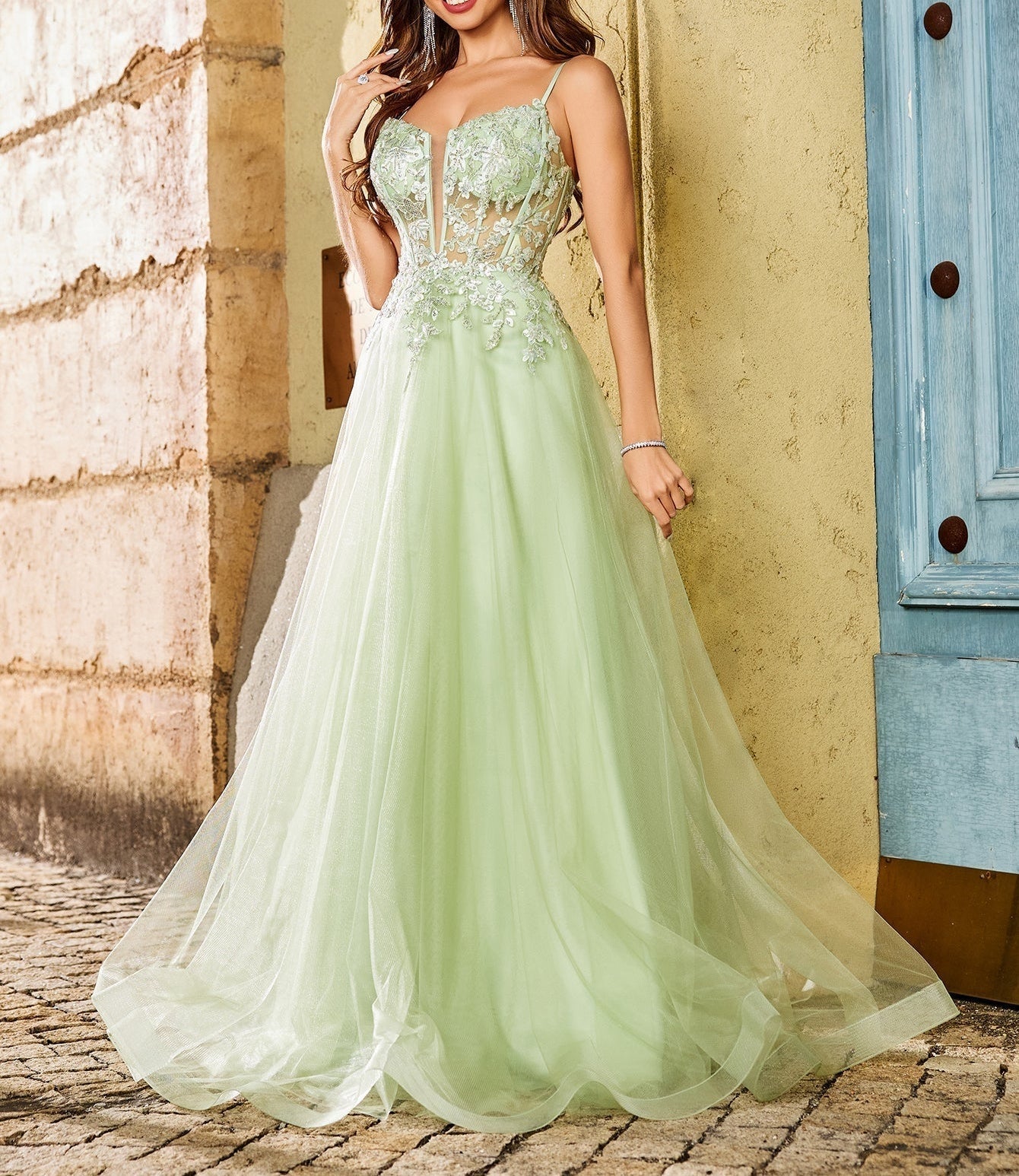 Sheer Bodice Lace Embroidery Prom Dress Long - Mint Green