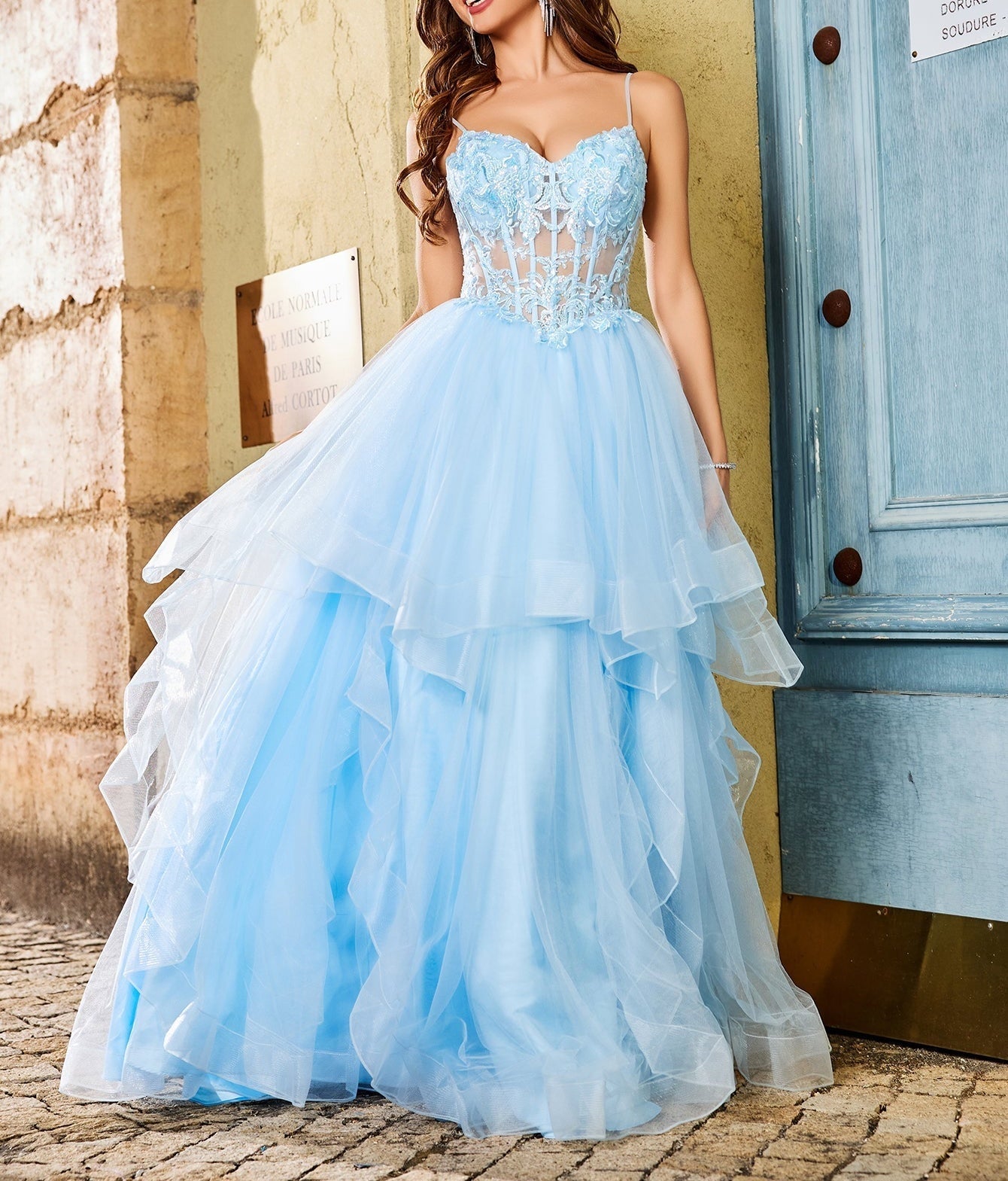 Lace Embroidery Illusion Ball Gown Prom Dress - Baby Blue