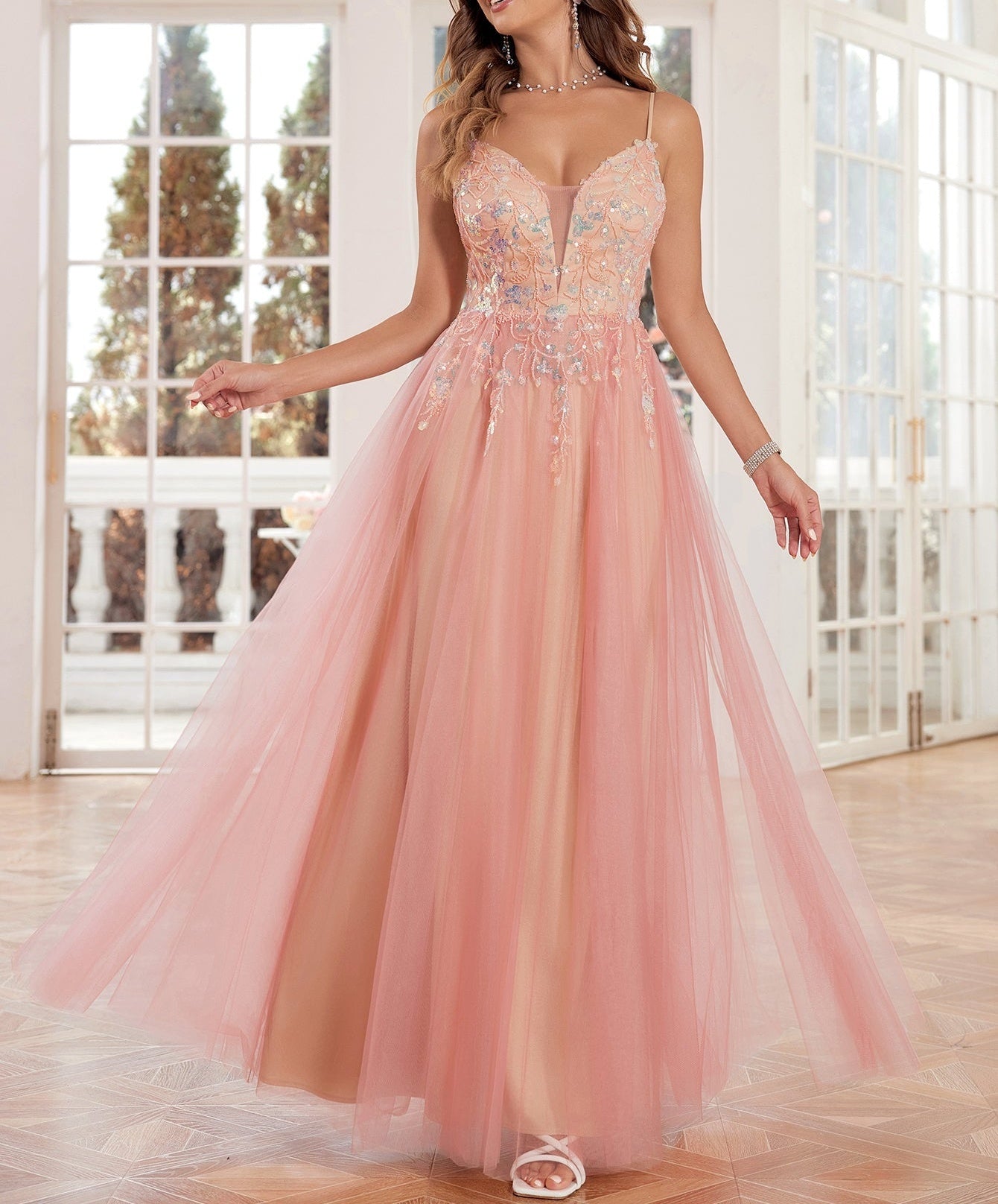 Lace Embroidery Deep V Neck Prom Dress Long - Pink