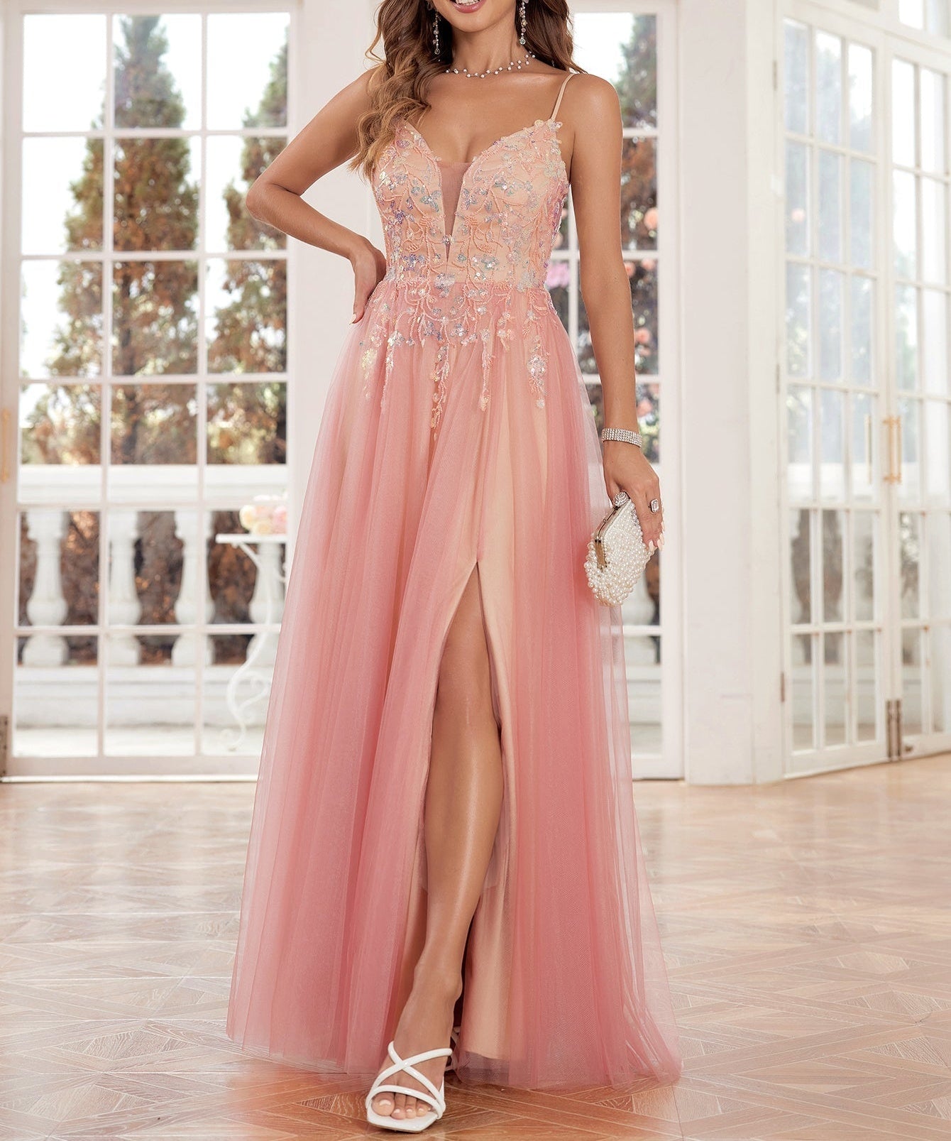 Lace Embroidery Deep V Neck Prom Dress Long - Pink