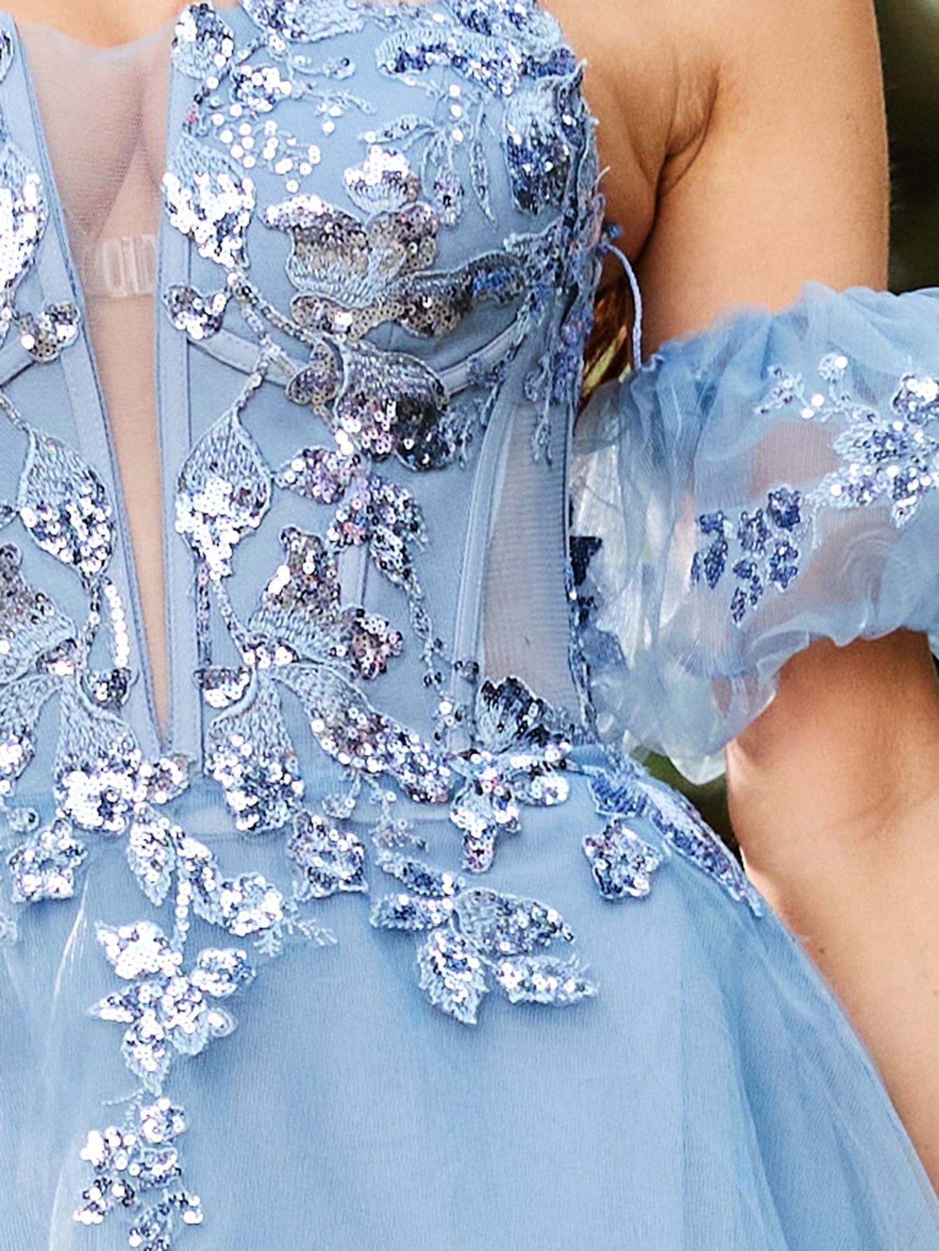 Sparkly Lace Removable Sleeves Ball Gown Prom Dress - Dusty Blue