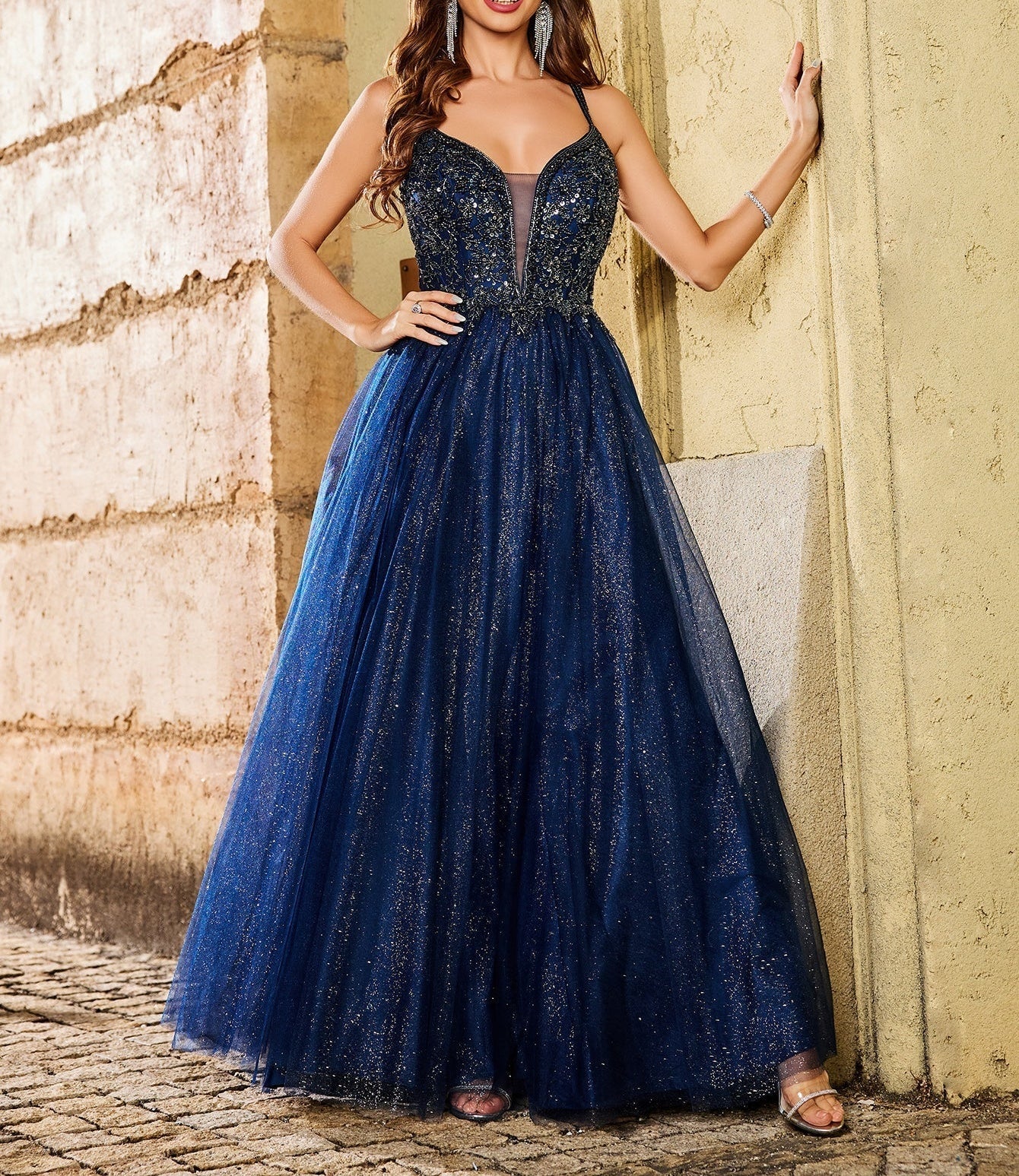 Sparkly Lace Deep V Neck Ball Gown Prom Dress - Navy Blue