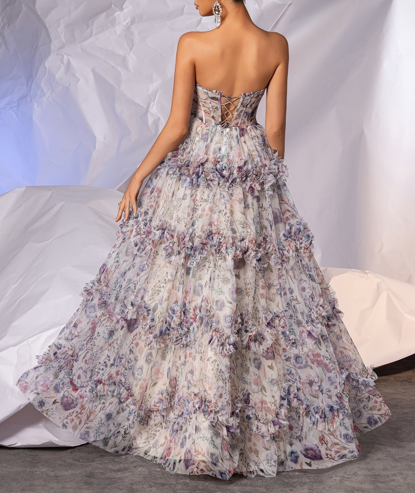Printing Boned Ball Gown Prom Dress With Ruffle - Colorful Floral