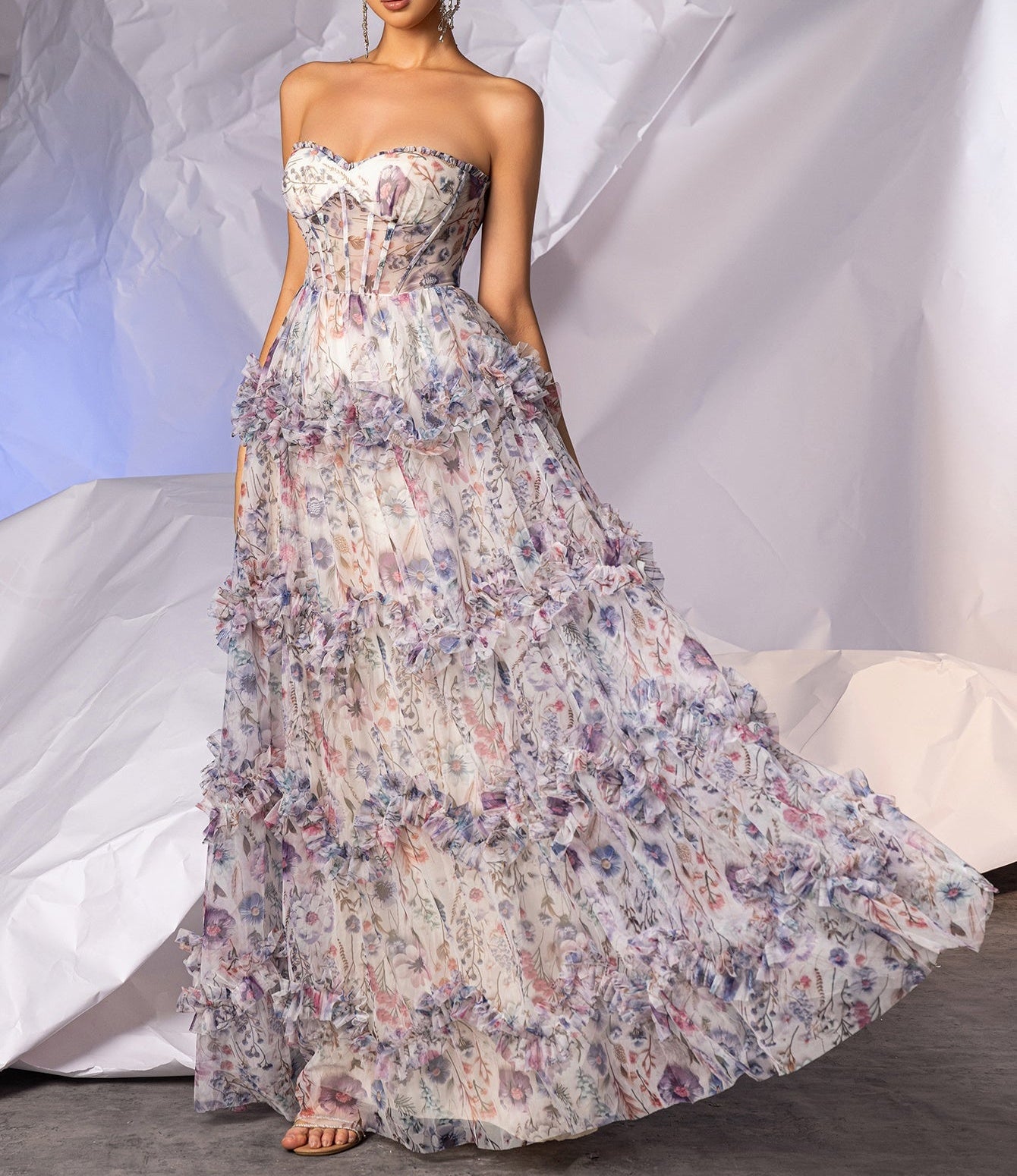 Printing Boned Ball Gown Prom Dress With Ruffle - Colorful Floral