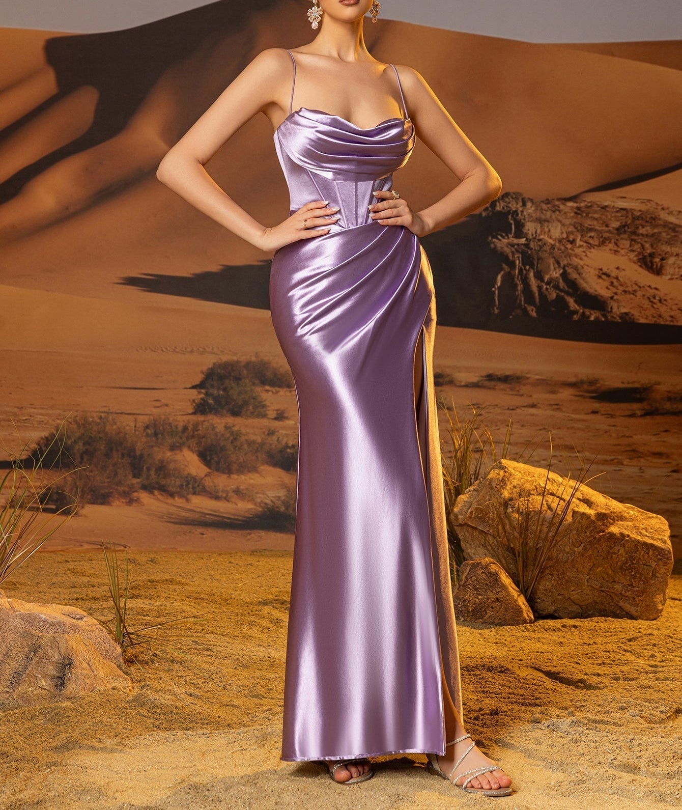 Boned Bodice Backless Sheath Prom Dress With Slit - Lilac