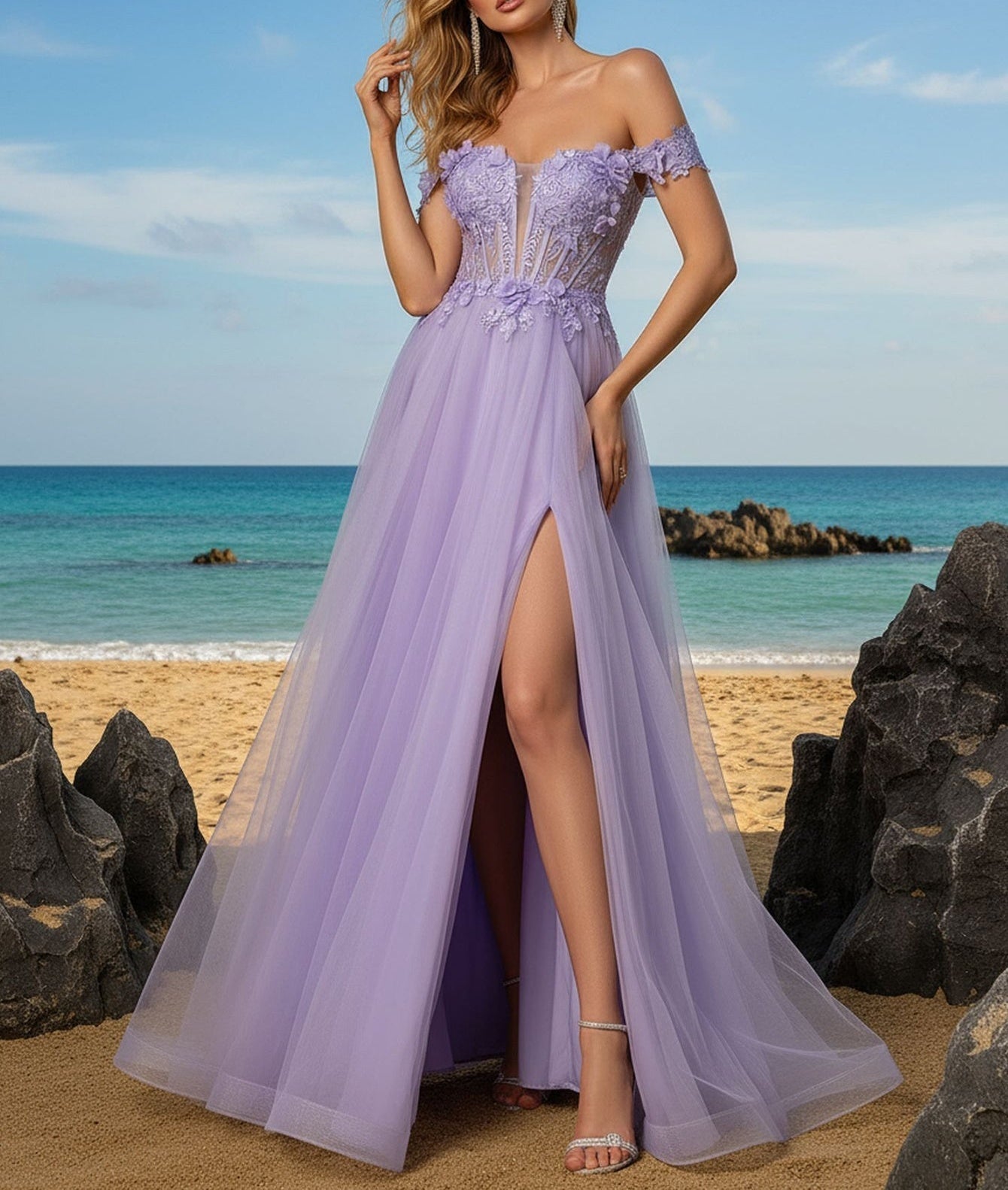Hand Made Floral Beaded Prom Dress With Split - Lilac