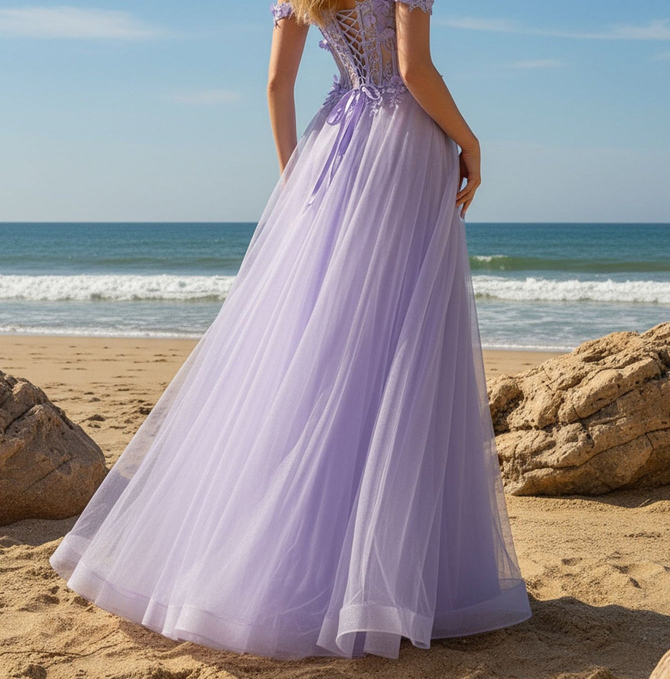 Hand Made Floral Beaded Prom Dress With Split - Lilac